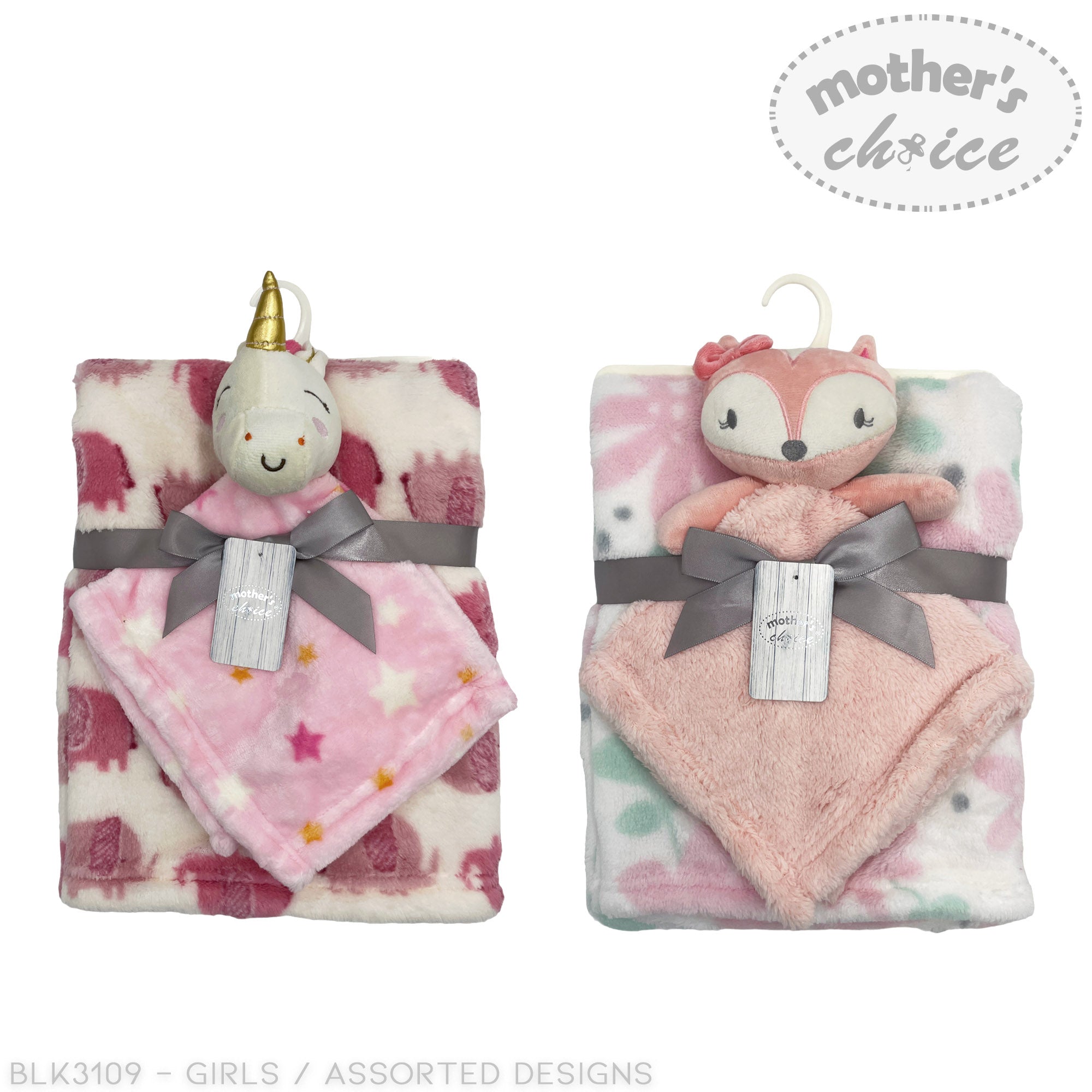 Two plush blankets with animal-shaped ends, one unicorn and one fox, on a white background.
