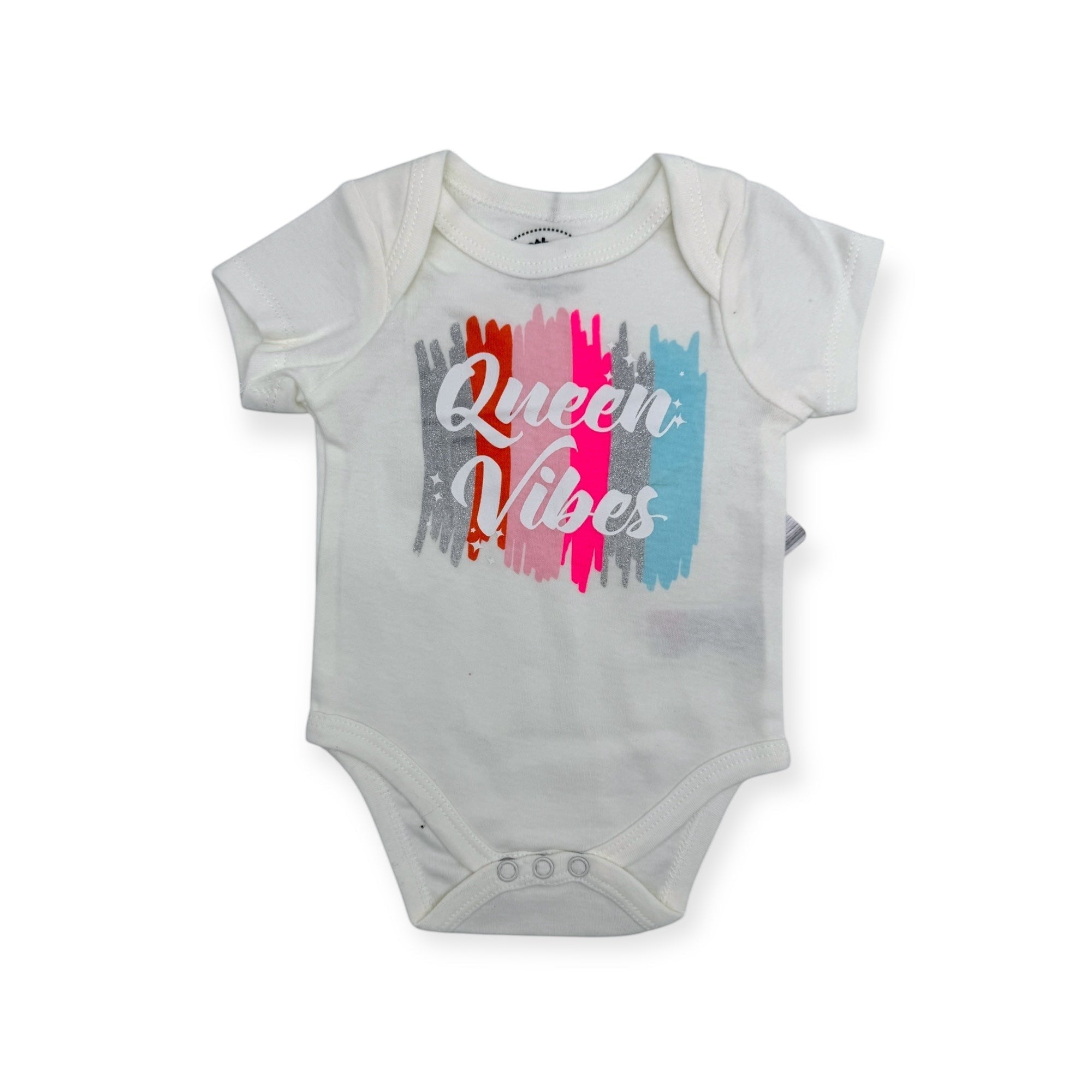 Gray baby onesie with 'Queen Vibes' text on a white background