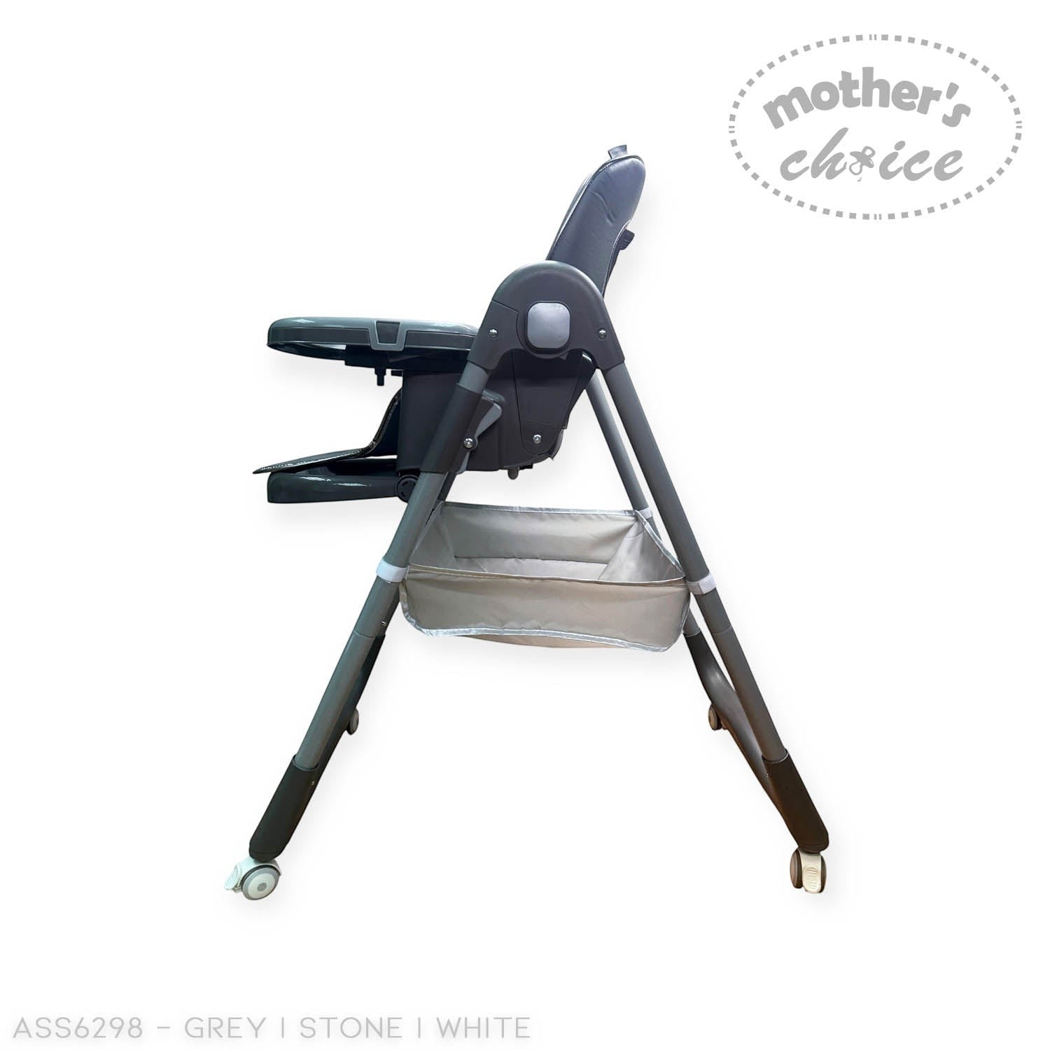 High chair with tray on a white background, branded 'Mother's Choice'.