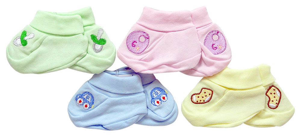 Set of four baby socks in green, pink, blue, and yellow with cartoon designs on a white background.