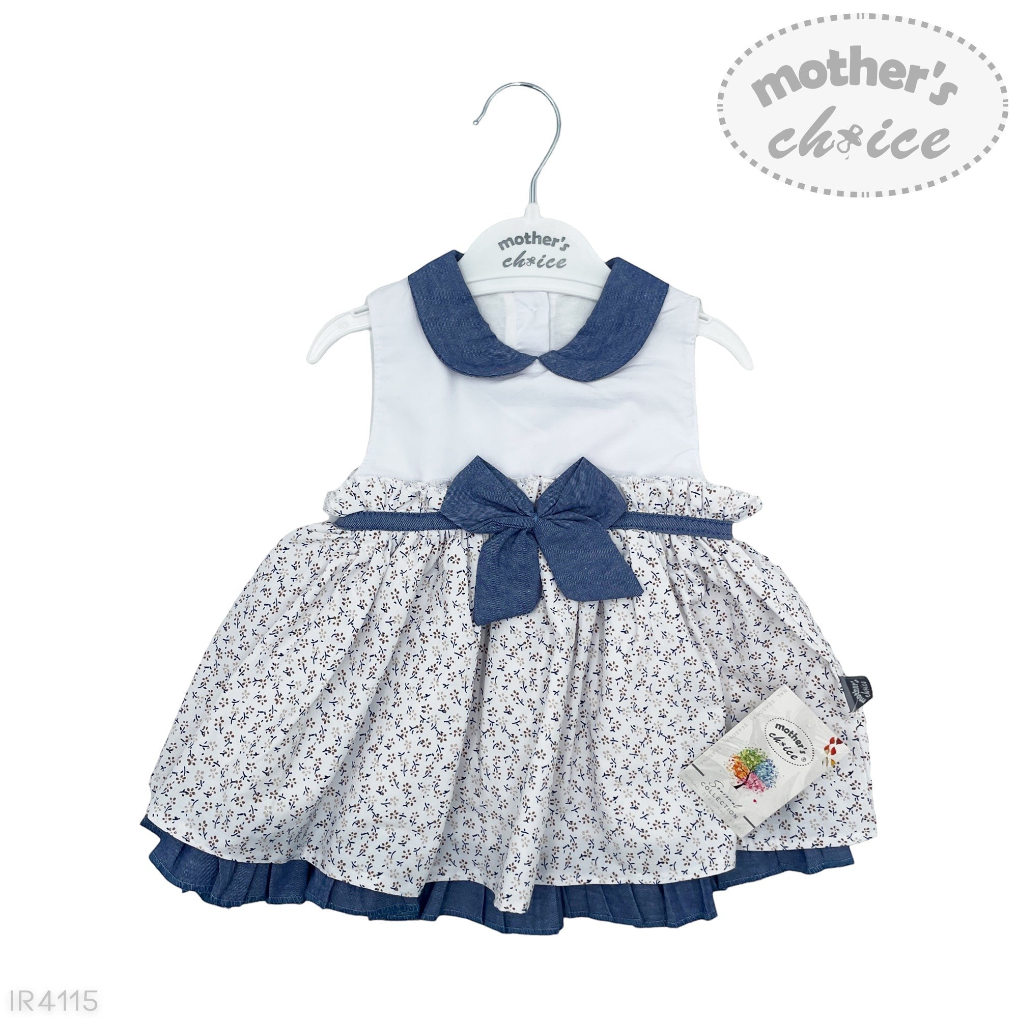 Baby dress with blue collar and bow on a hanger, branded 'Mother's Choice'.