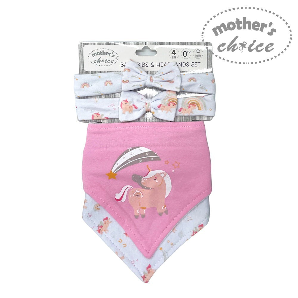 Baby bibs and headbands set with pink design and 'Mother's Choice' branding on a white background