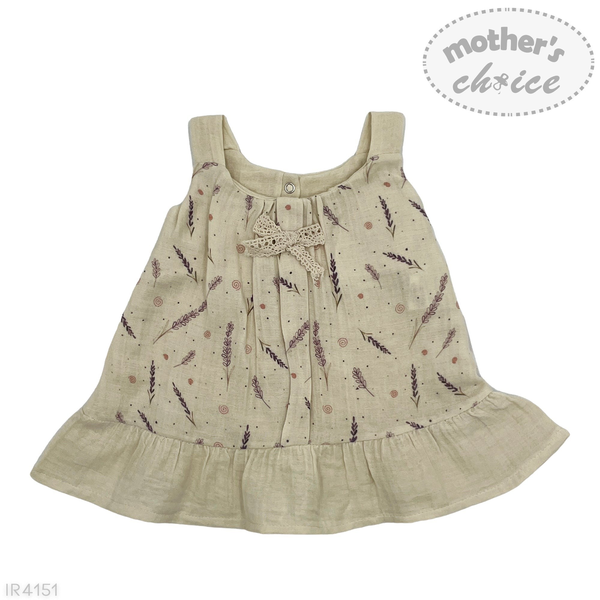 Beige dress with floral pattern on a white background, featuring 'mother's choice' branding.