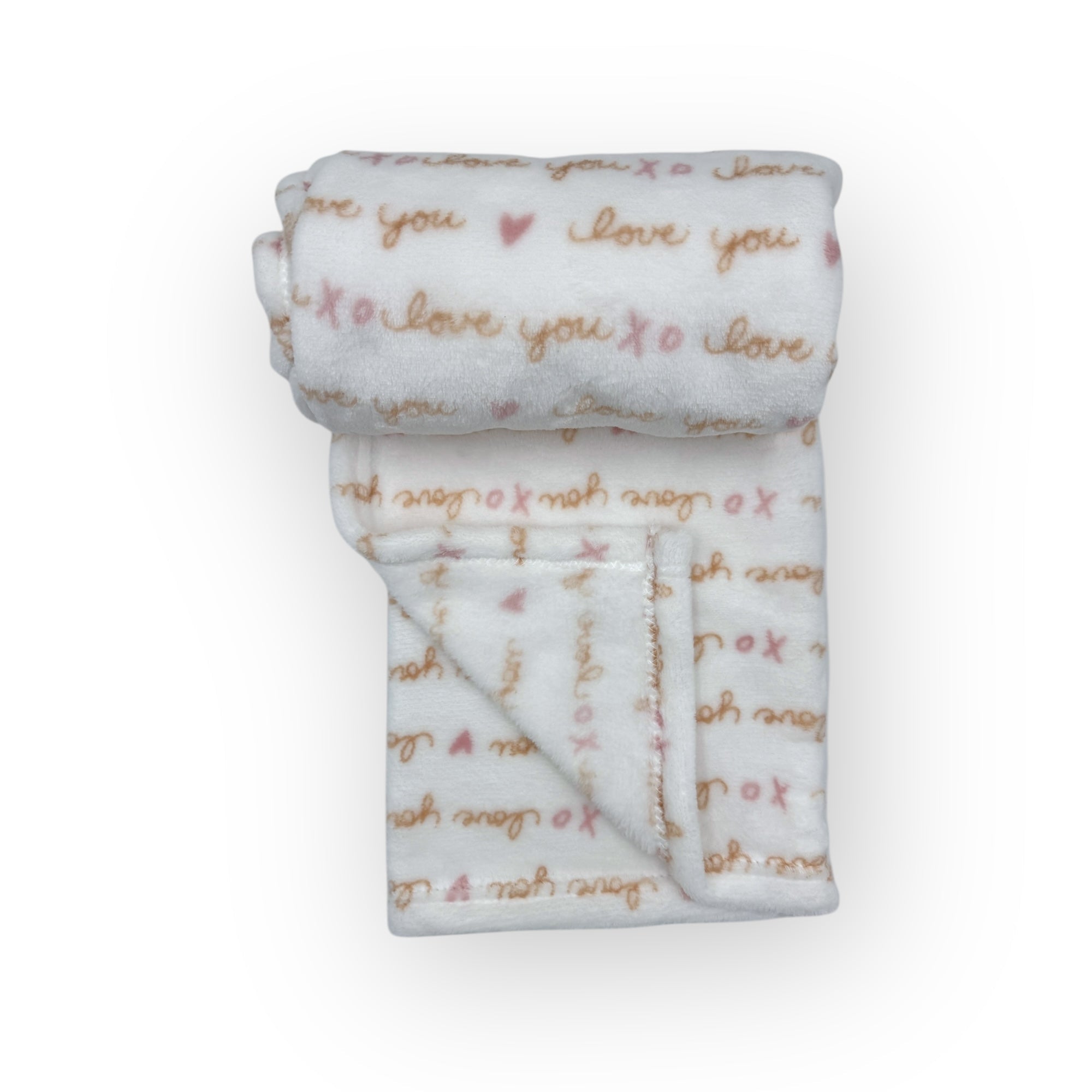Folded baby blanket with 'I love you' text on a white background