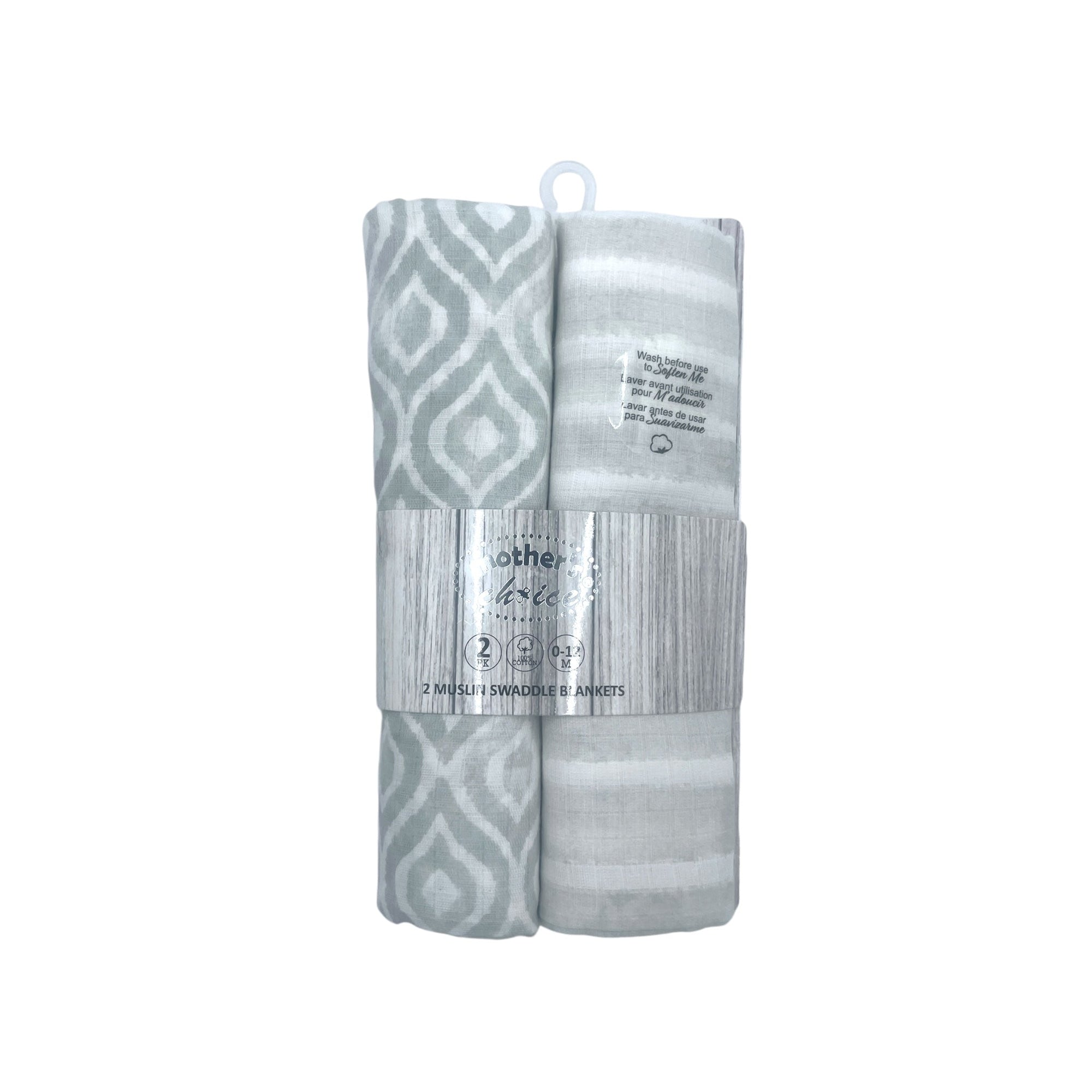 Two gray patterned swaddle blankets with a label on a white background