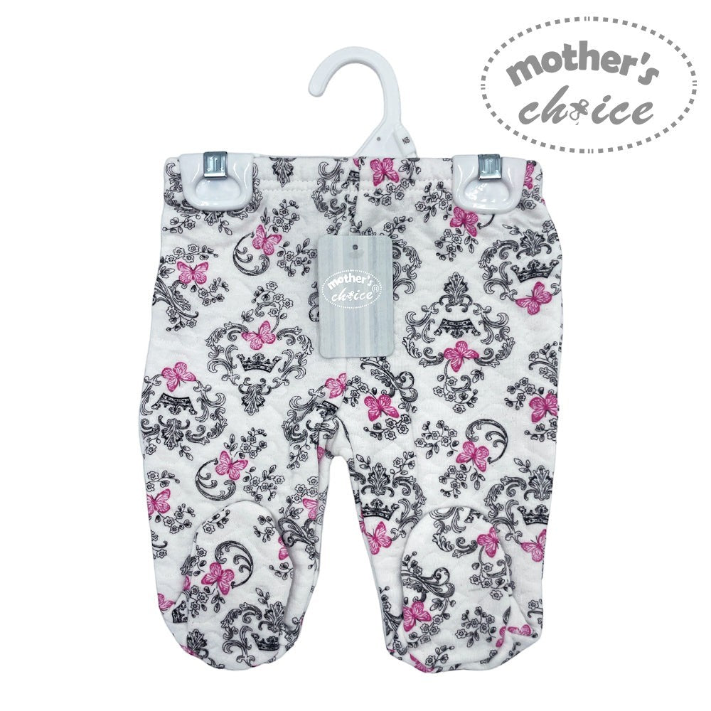 Baby pants with butterfly pattern on a hanger, branded 'Mother's Choice'.