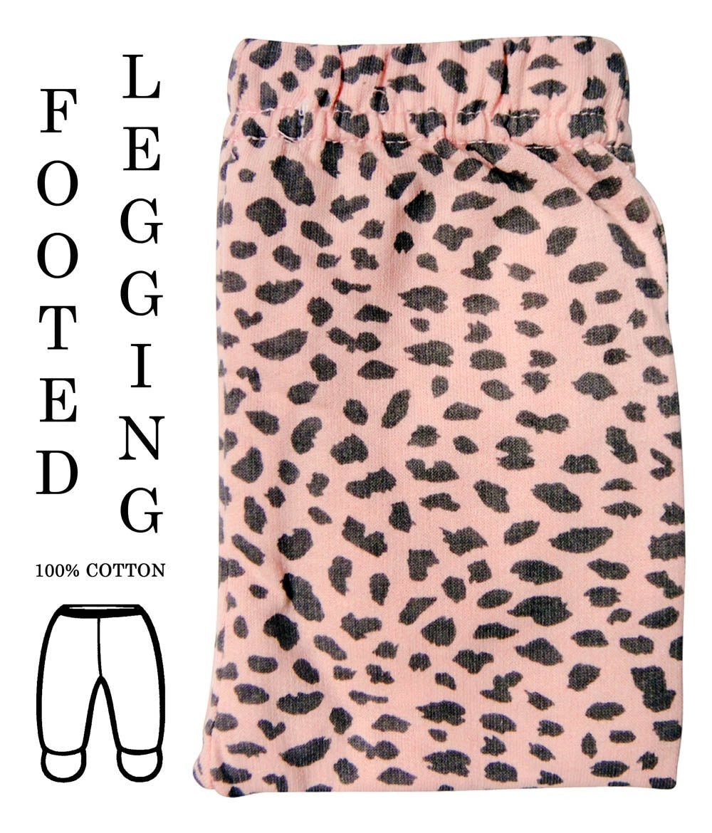 Pink footed legging with black leopard print pattern on a white background
