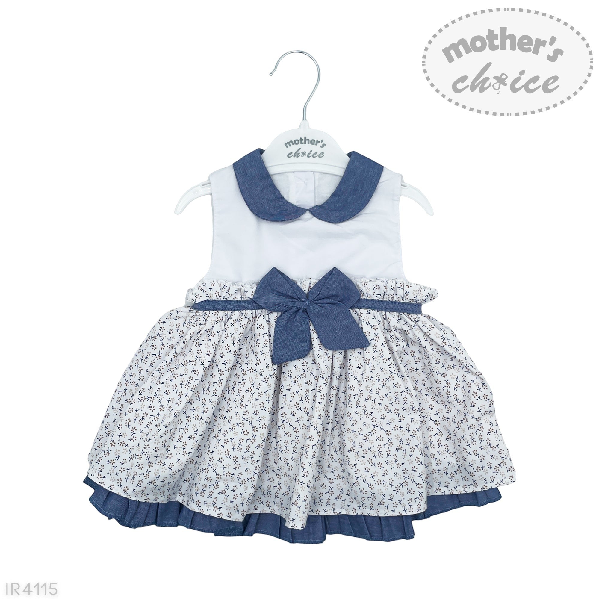 Baby dress with blue collar and bow on a white background, branded 'Mother's Choice'.
