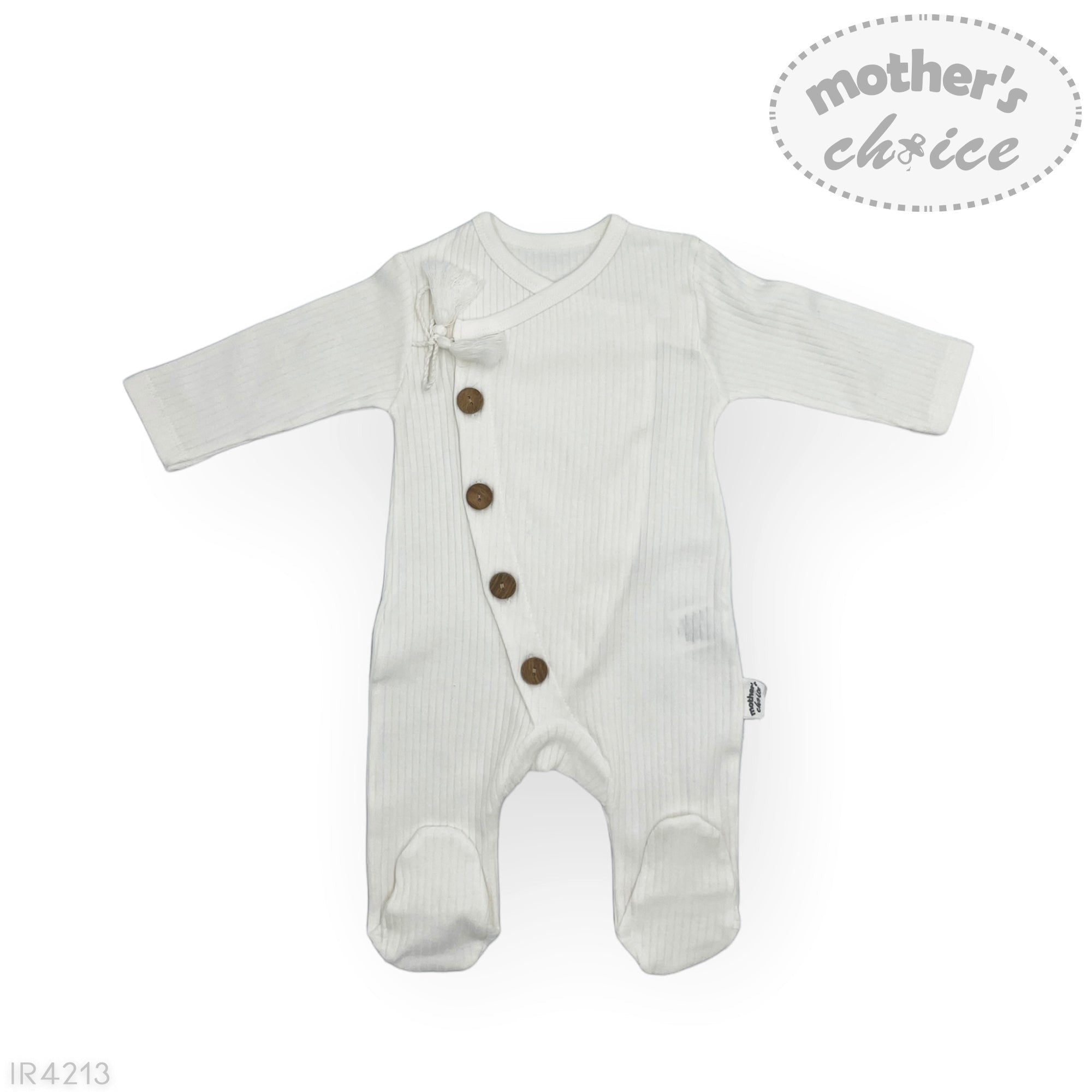 White baby romper with brown buttons on a white background, featuring 'mother's choice' branding.