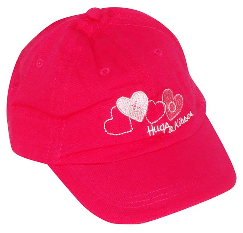 Red cap with white heart designs and text on a white background