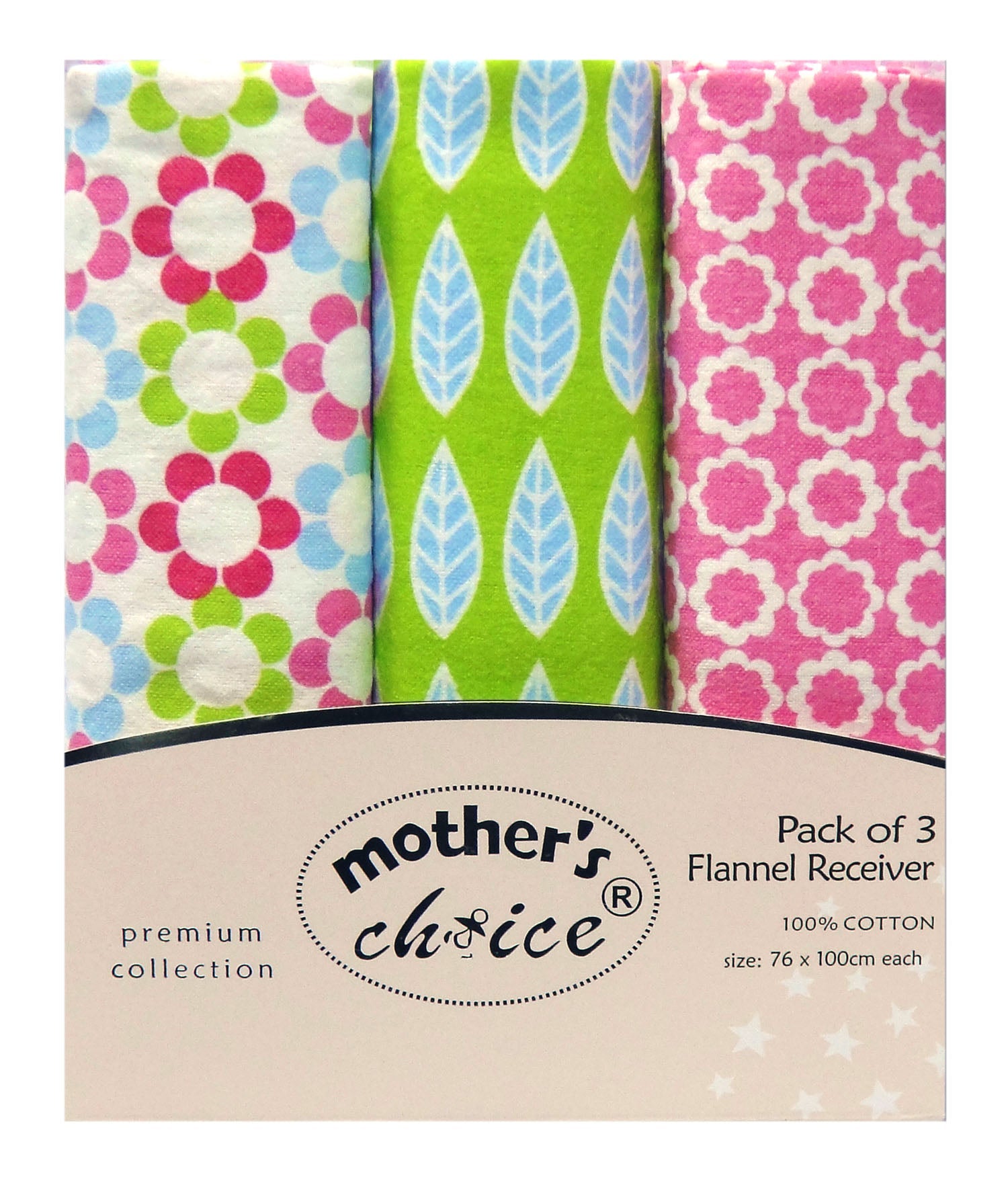 Pack of 3 flannel receiver fabrics with colorful patterns on a 'Mother's Choice' branded package.