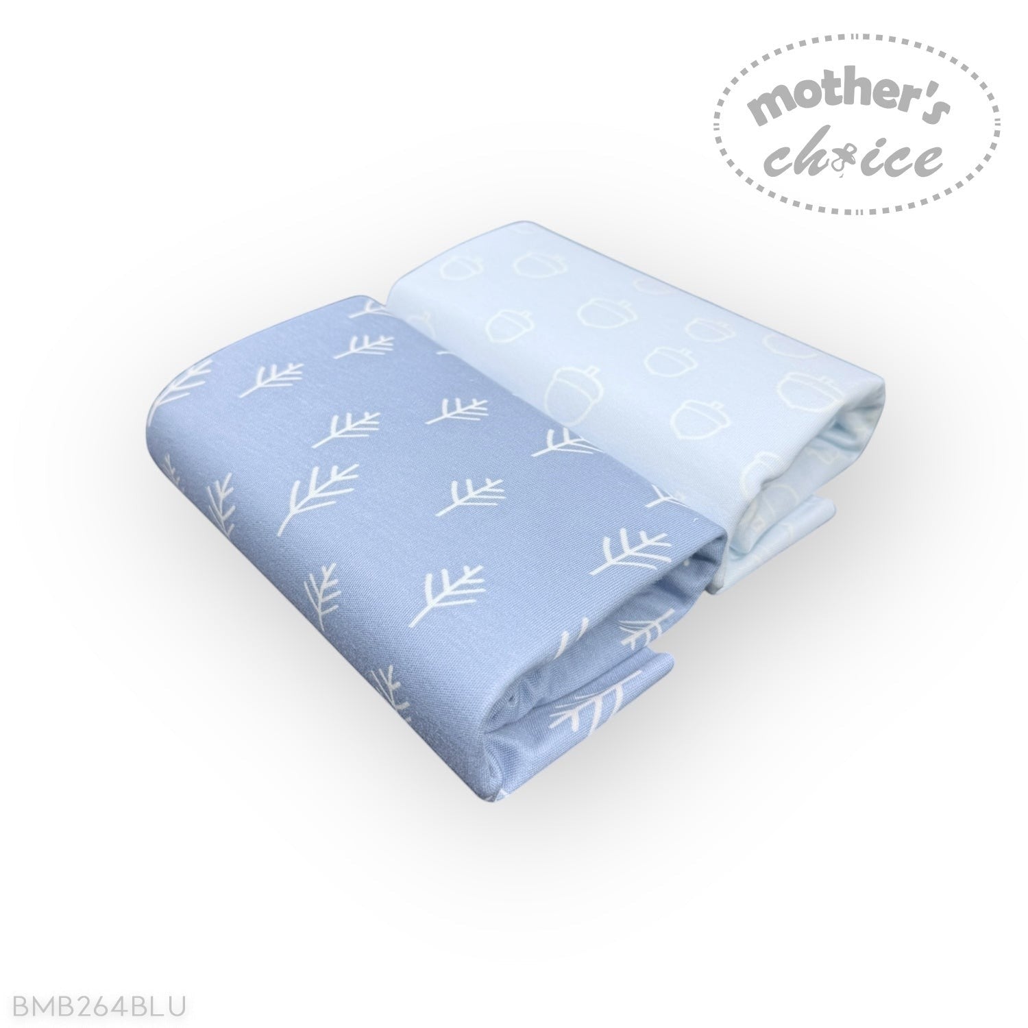 Folded blue blanket with white leaf pattern on a white background, branded 'Mother's Choice'.