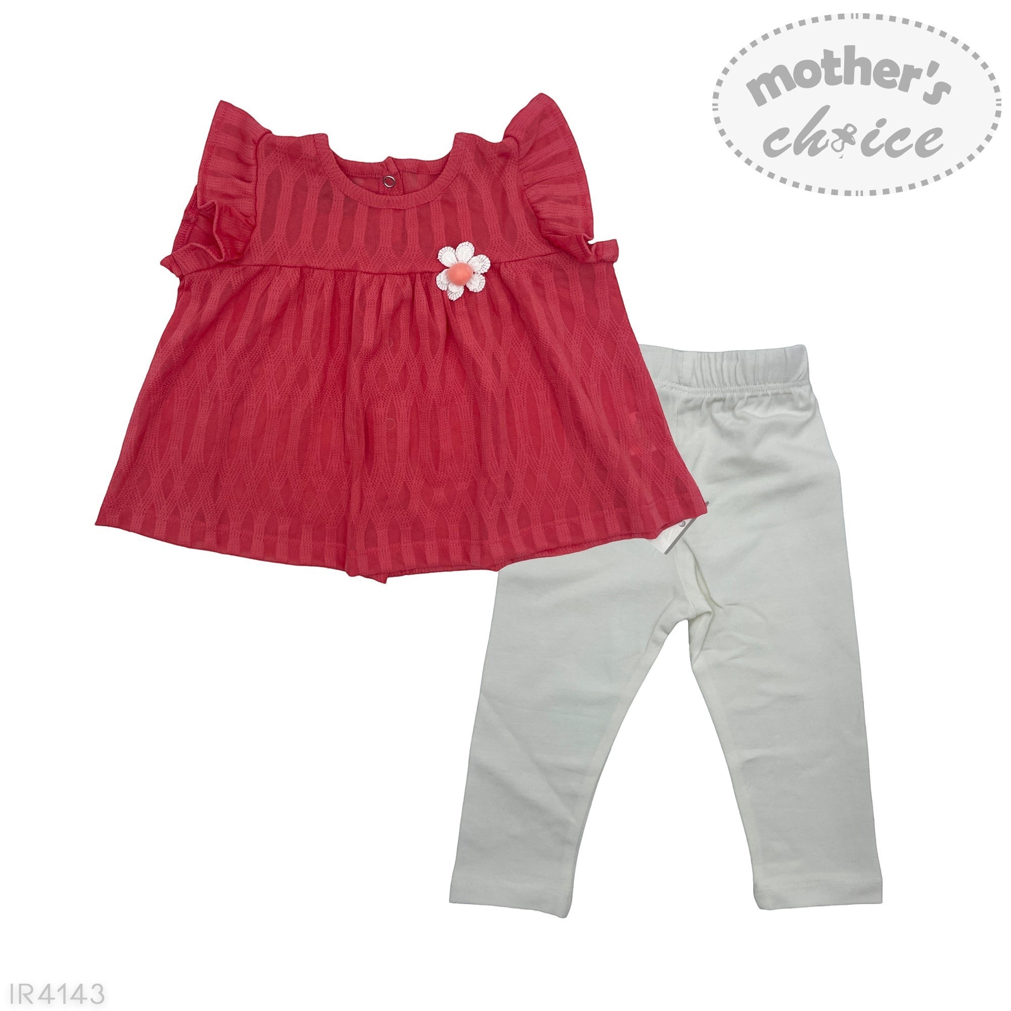 Red top with floral detail and gray leggings on a white background, featuring 'mother's choice' branding.