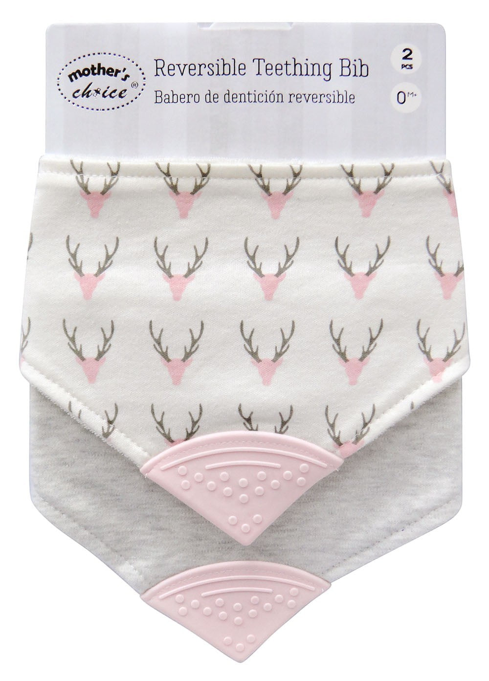 Reversible teething bib with deer antler and pink heart pattern on a white background
