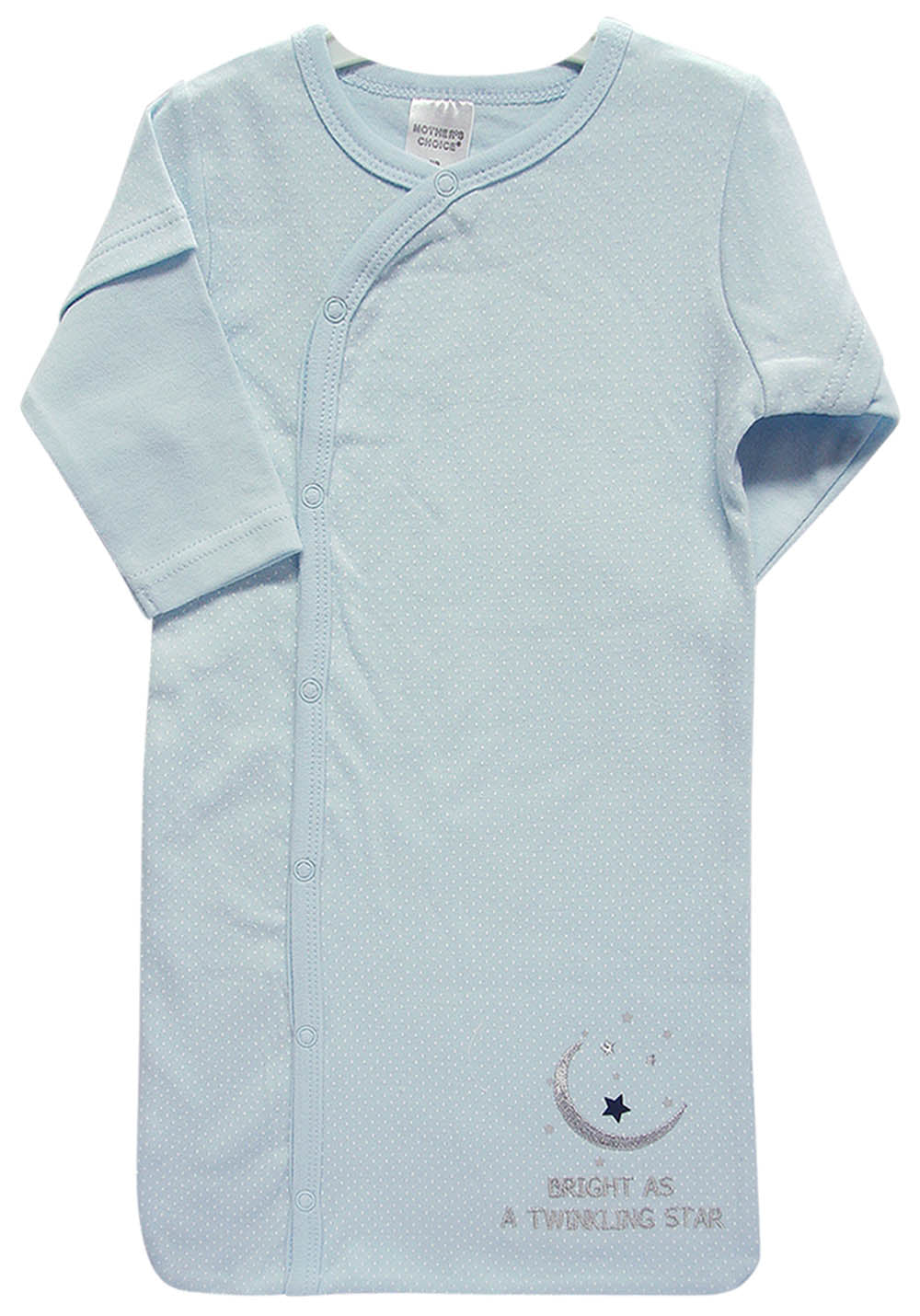Light blue baby gown with star and moon design on a white background