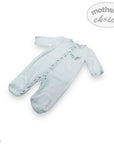 Baby onesie with long sleeves and feet on a white background, branded 'Mother's Choice'.