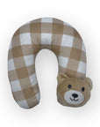 Plaid patterned neck pillow with bear face design on a white background