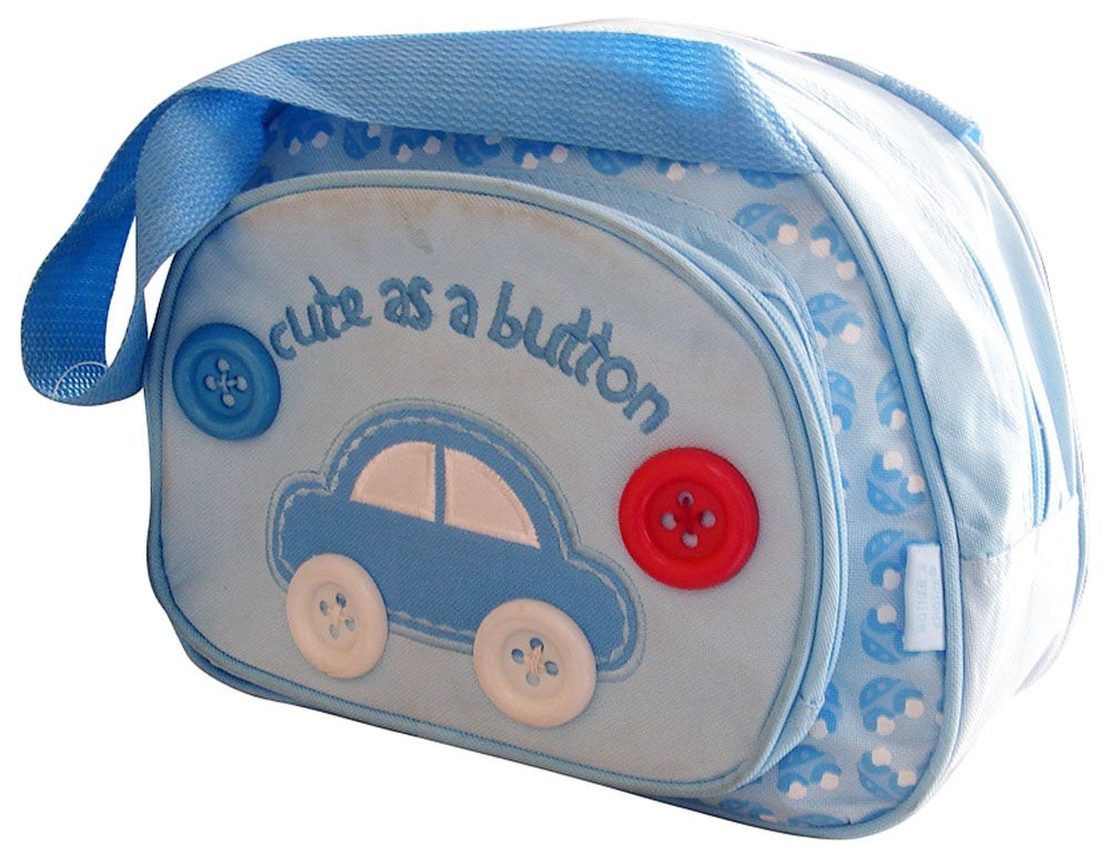 Children's pouch with car and button design on a white background