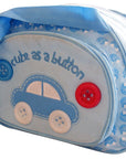 Children's pouch with car and button design on a white background