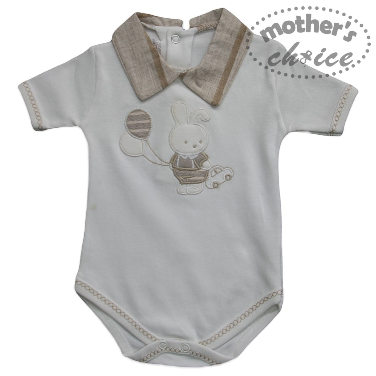 Gray baby onesie with a bunny design and collar, branded 'Mother's Choice'.