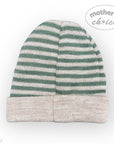 Striped knit baby hat with 'Mother's Choice' branding on a white background