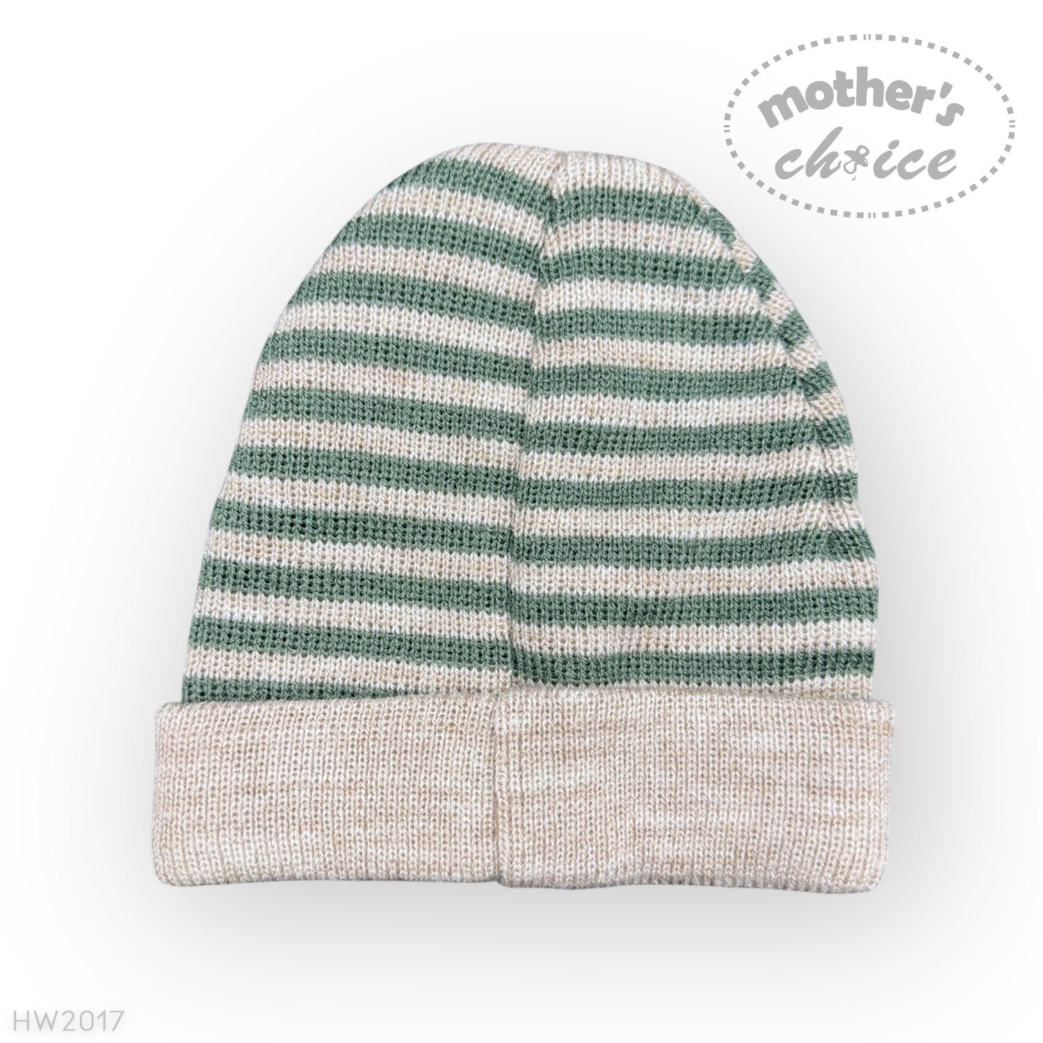 Striped knit baby hat with 'Mother's Choice' branding on a white background