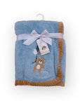 Blue baby blanket with brown trim and teddy bear design on a white background