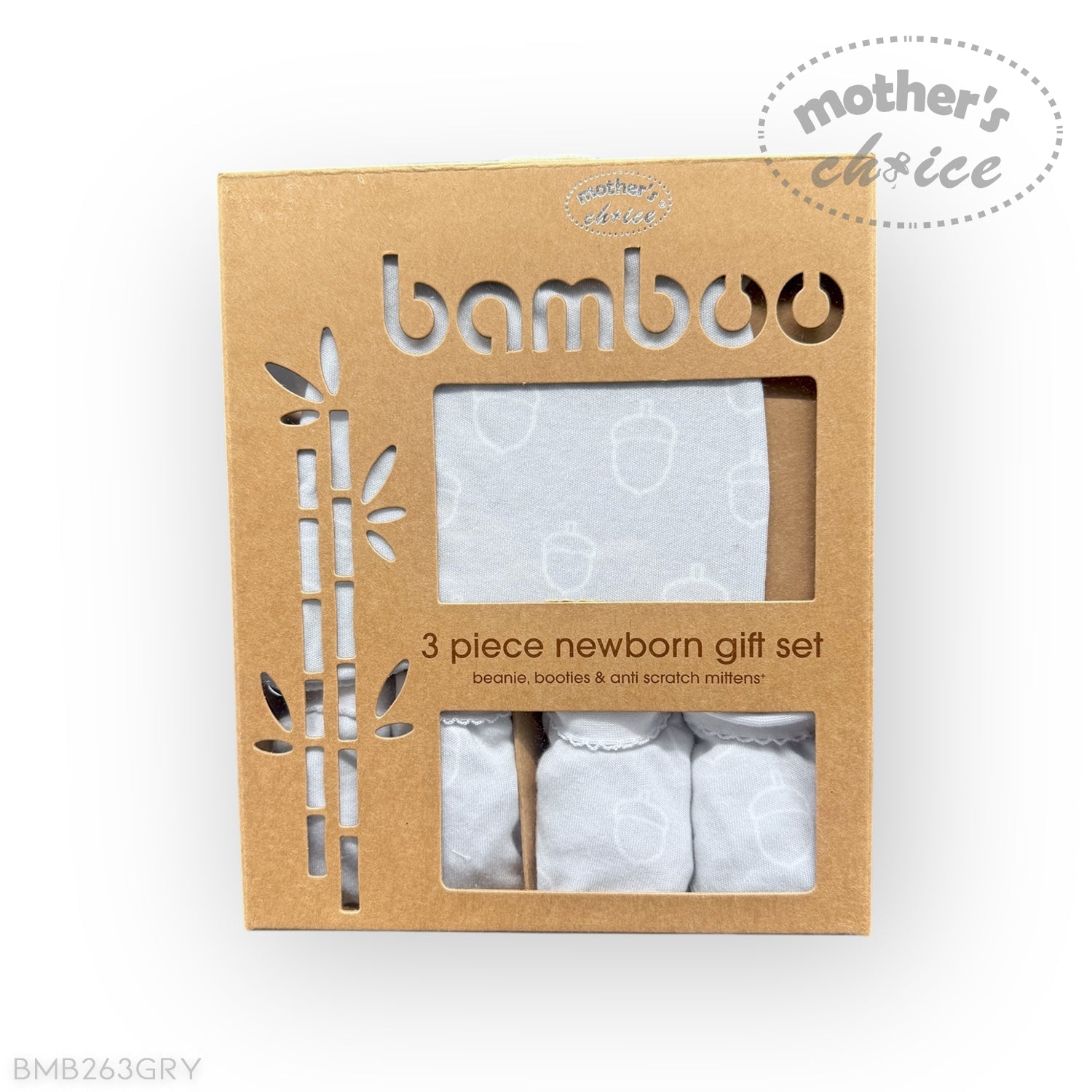Bamboo 3-piece newborn gift set packaging with 'Mother's Choice' branding on a white background.