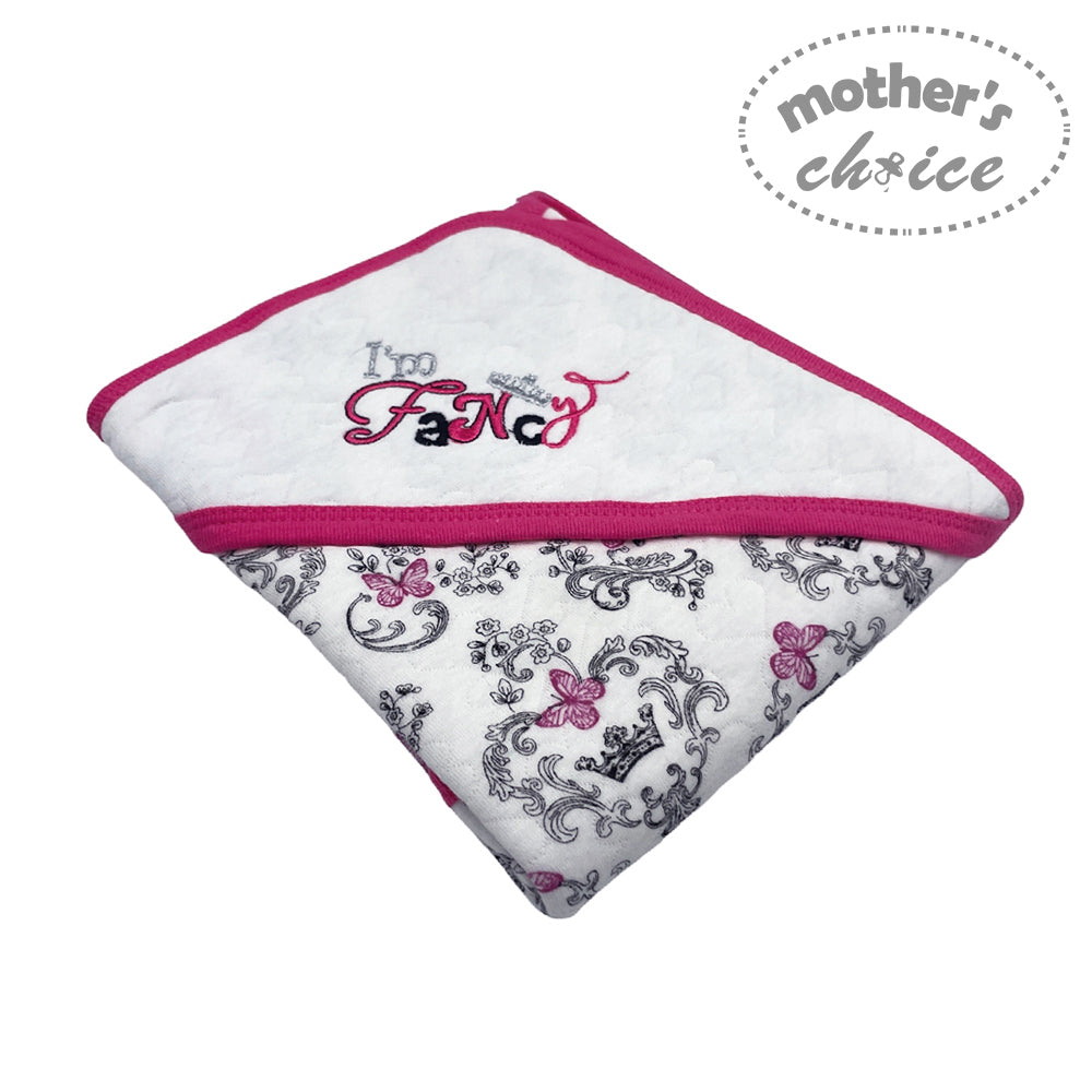 Baby blanket with pink border and 'I'm so fancy' text on a white background