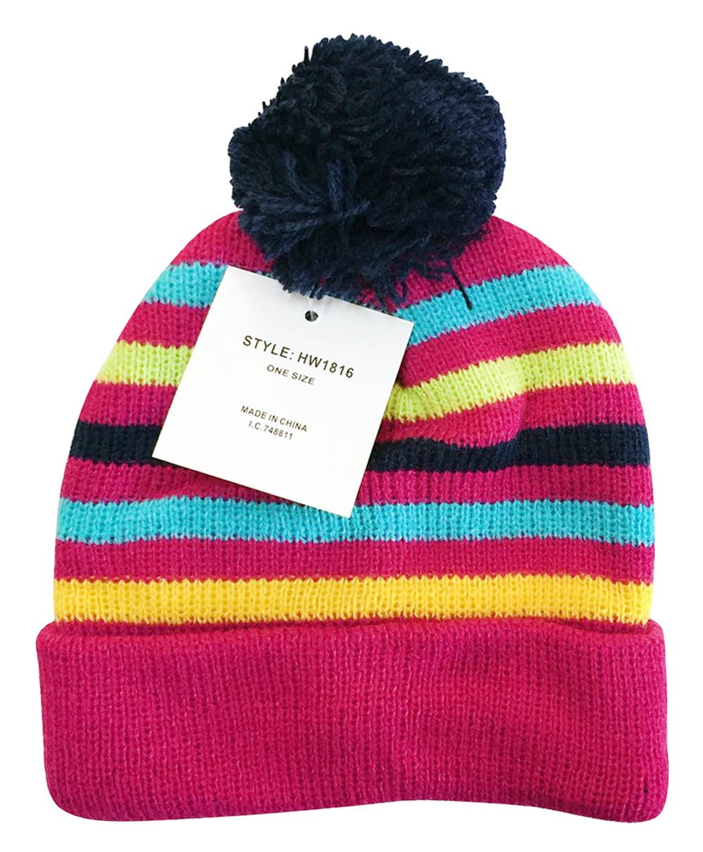 Colorful striped beanie with a pom-pom on a white background