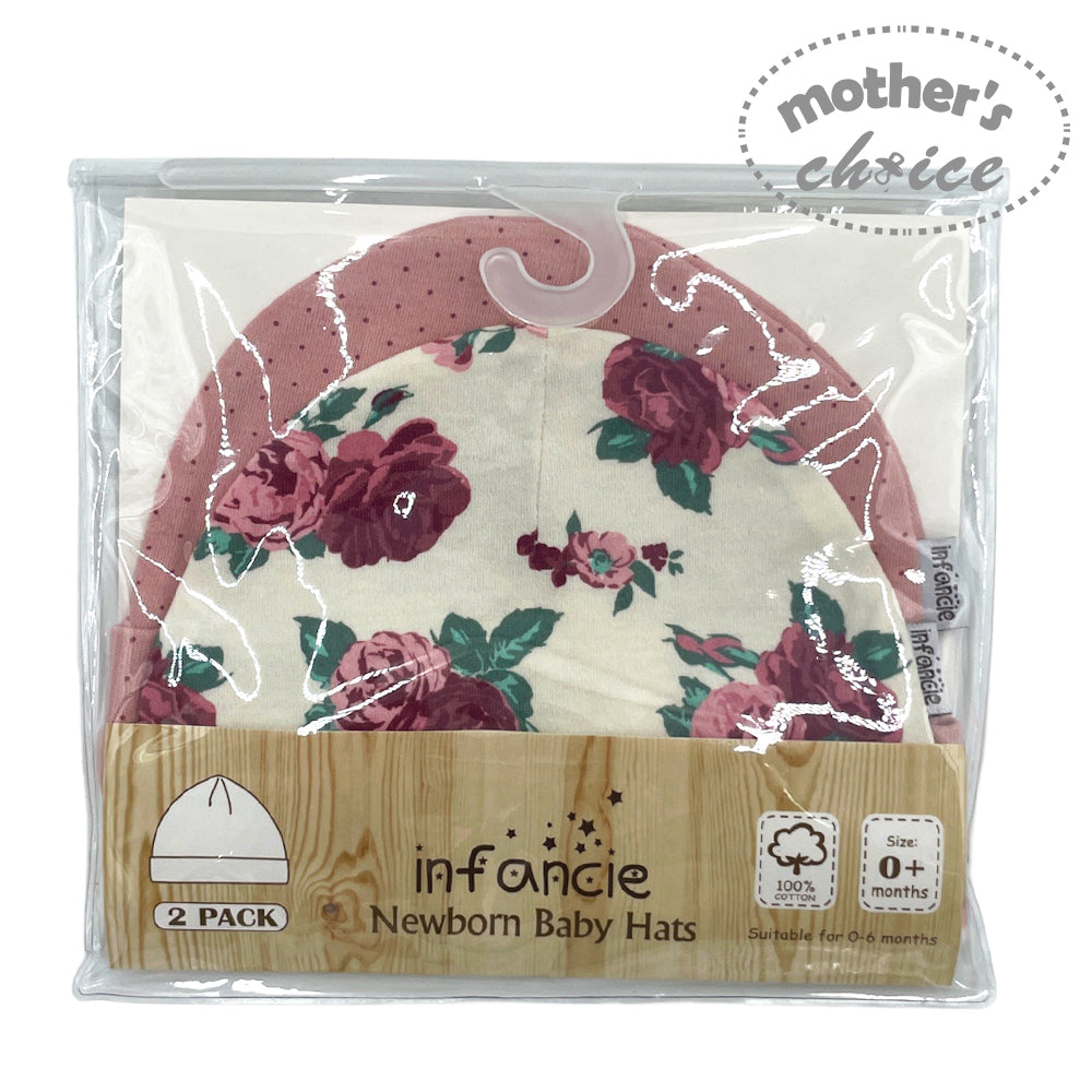Packaged newborn baby hats with floral design and 'infancie' branding.