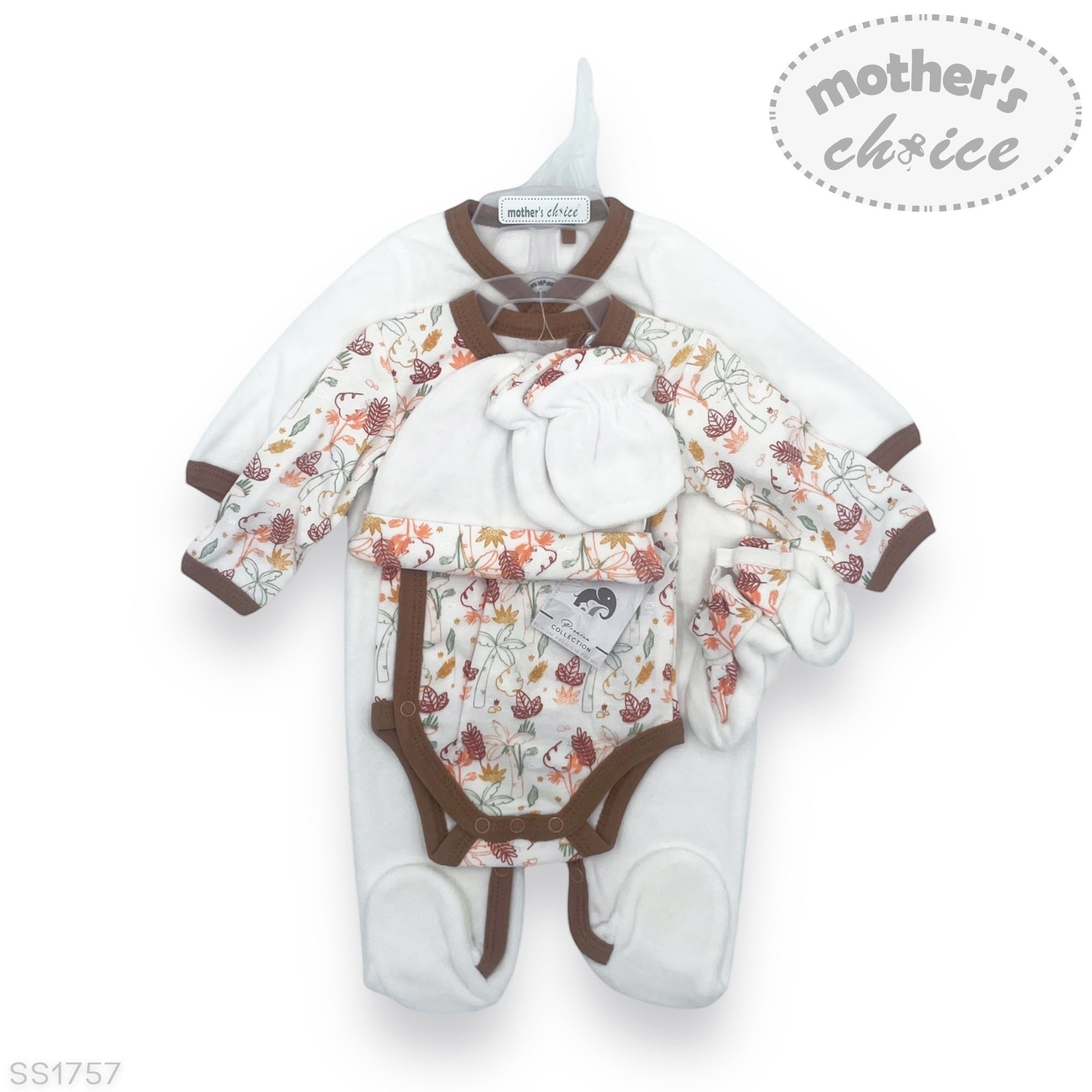 Baby outfit with floral pattern and white pants on a white background, featuring 'mother's choice' brand.