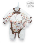 Baby outfit with floral pattern and white pants on a white background, featuring 'mother's choice' brand.