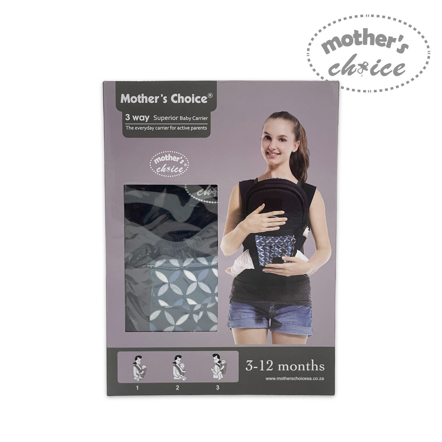 Mothers Choice 3 Way Premium Baby Carrier Grey - Pattern