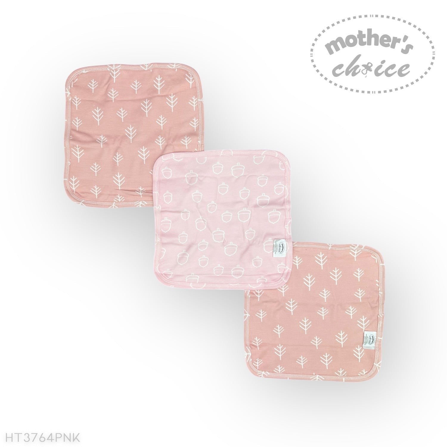 Three pink baby blankets with white patterns on a white background, branded 'Mother's Choice'.