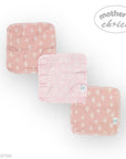 Three pink baby blankets with white patterns on a white background, branded 'Mother's Choice'.