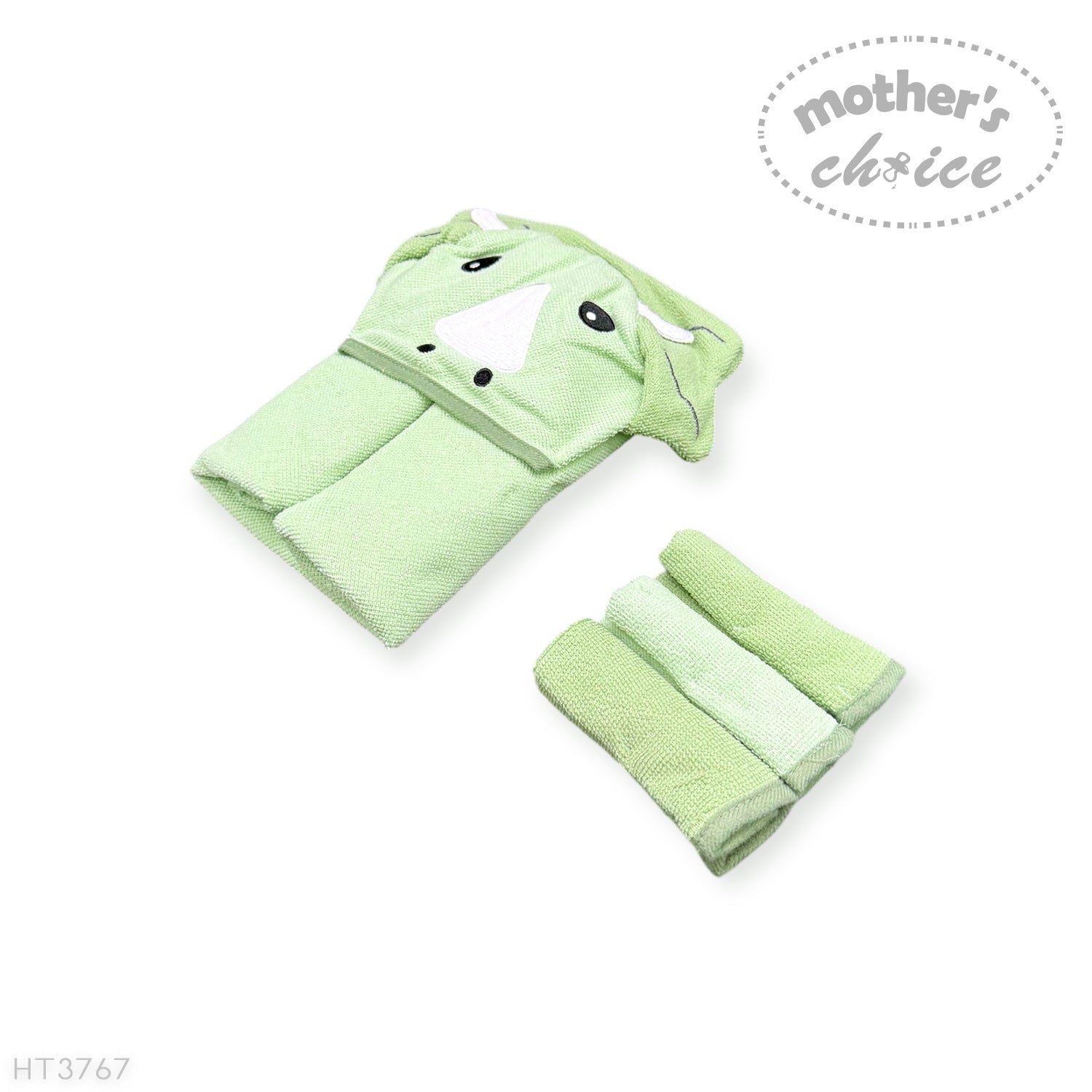 Green baby robe and towel set with 'Mother's Choice' branding on a white background