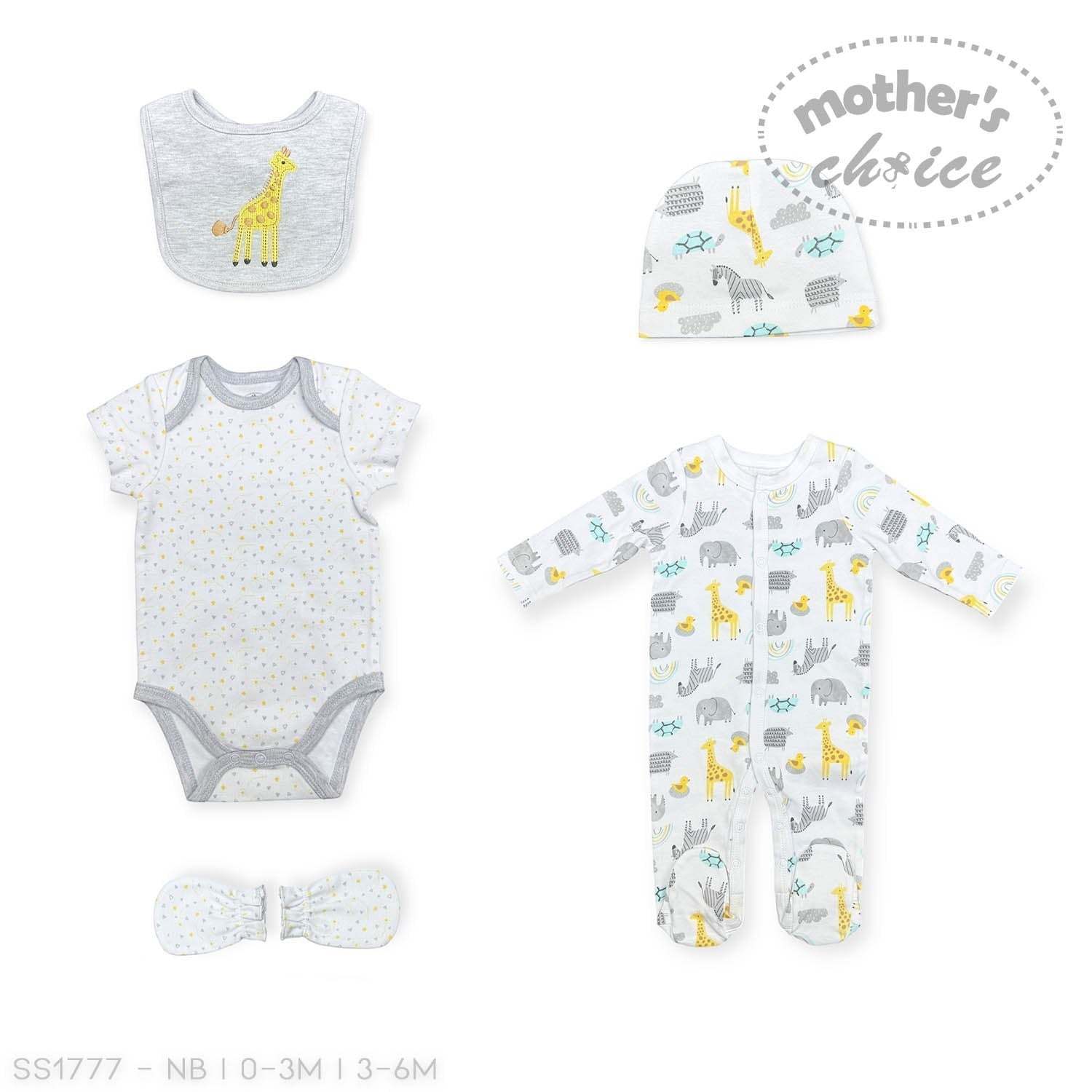 Collection of baby clothing items including a onesie, bib, hat, and footie with animal patterns on a white background.
