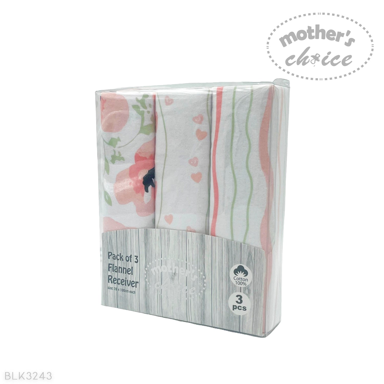 Pack of 3 flannel receiving blankets with floral and striped patterns, branded 'Mother's Choice'.