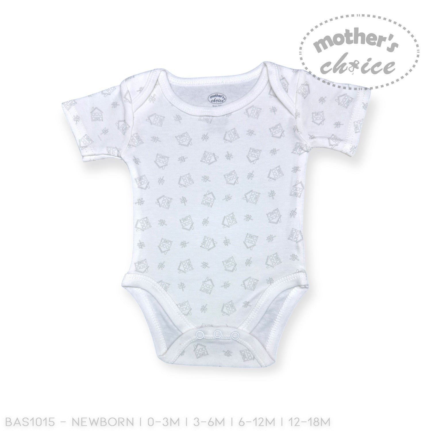 Baby onesie with a pattern on a white background, featuring 'Mother's Choice' branding.