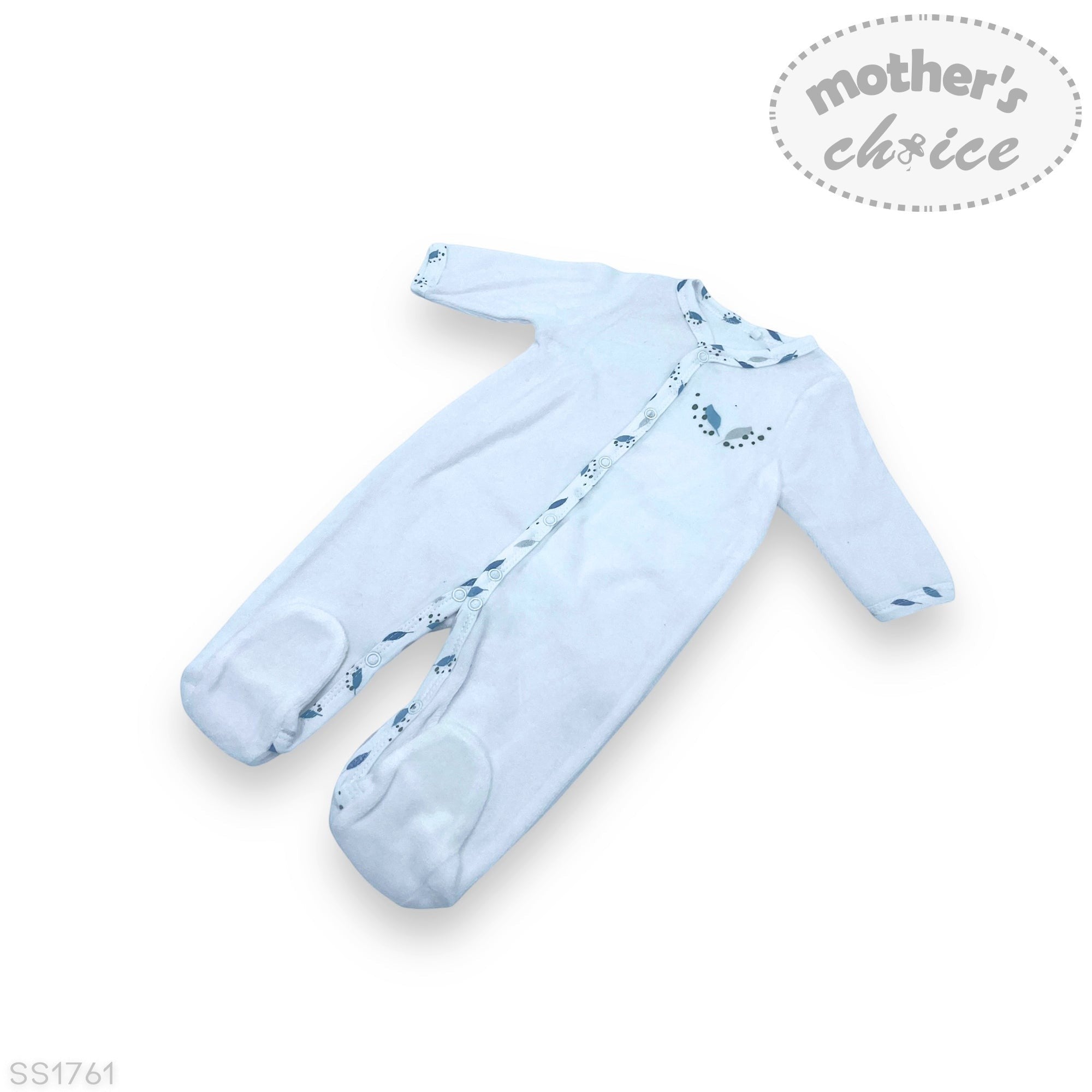 Light blue baby onesie with floral patterns on a white background, featuring 'Mother's Choice' branding.