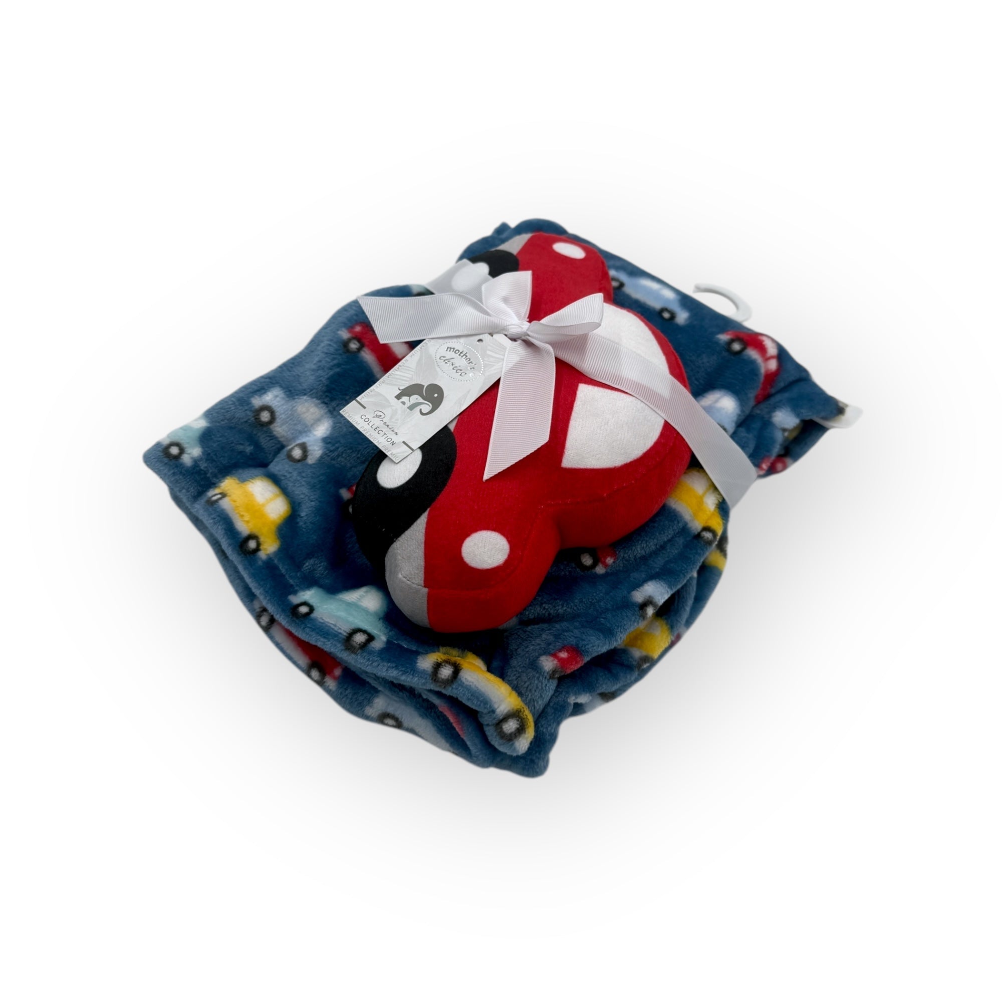 Flannel blanket with a red heart and white bow on a white background