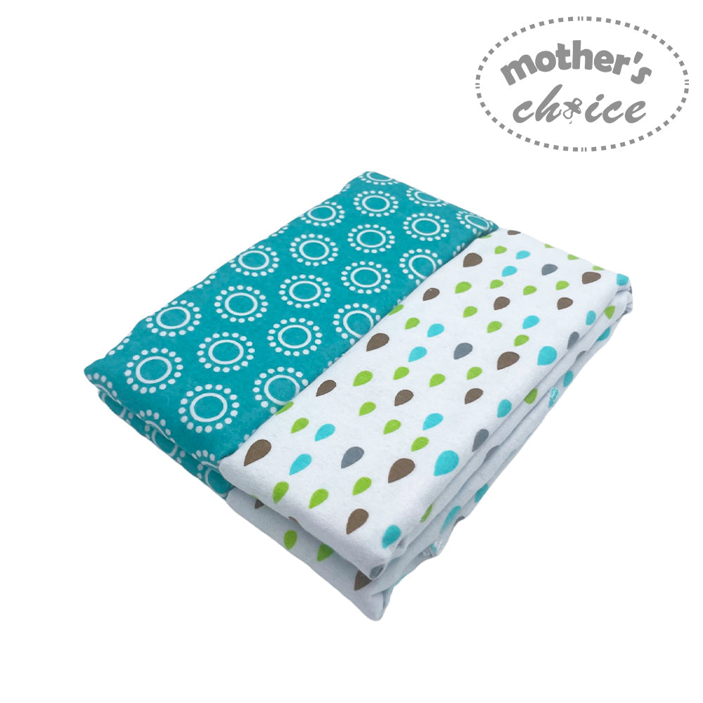 Two baby blankets with patterns on a white background, featuring the 'Mother's Choice' brand.