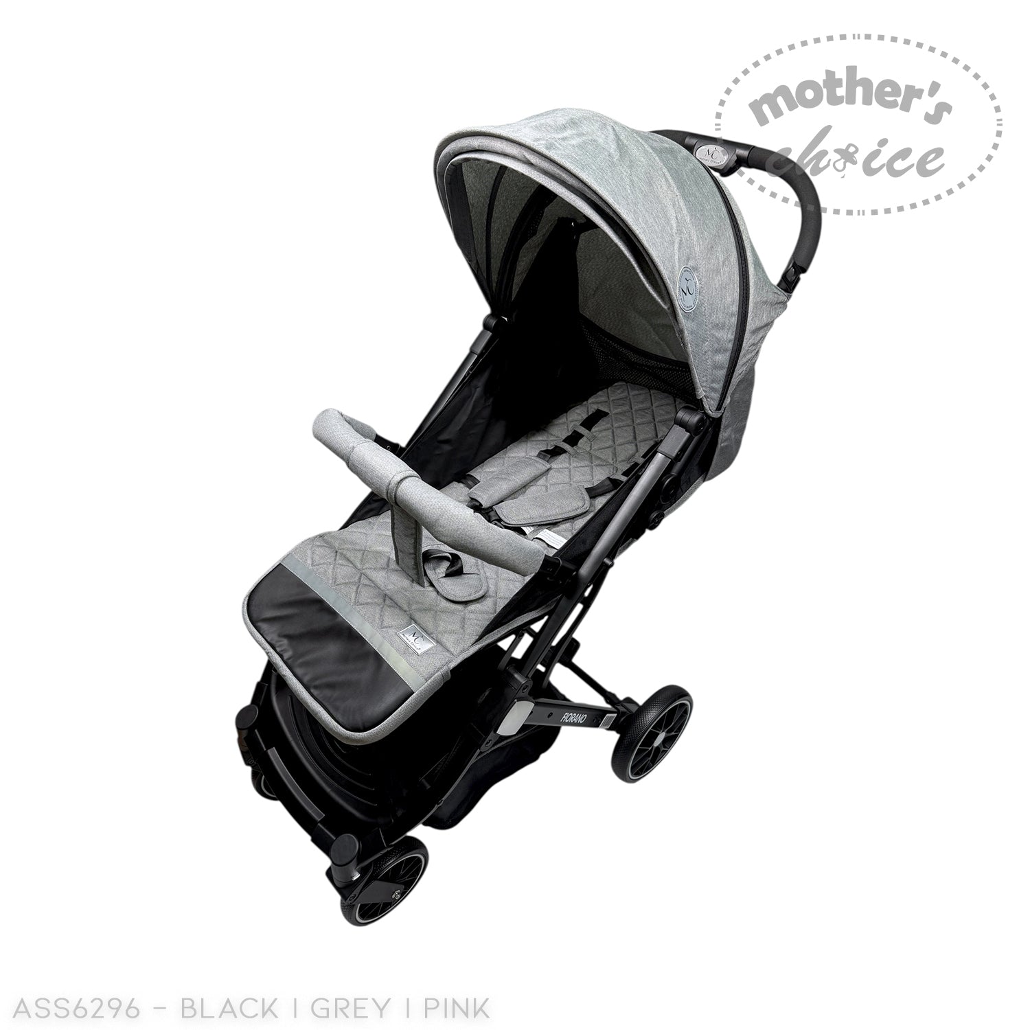 Gray baby stroller with quilted design on a white background