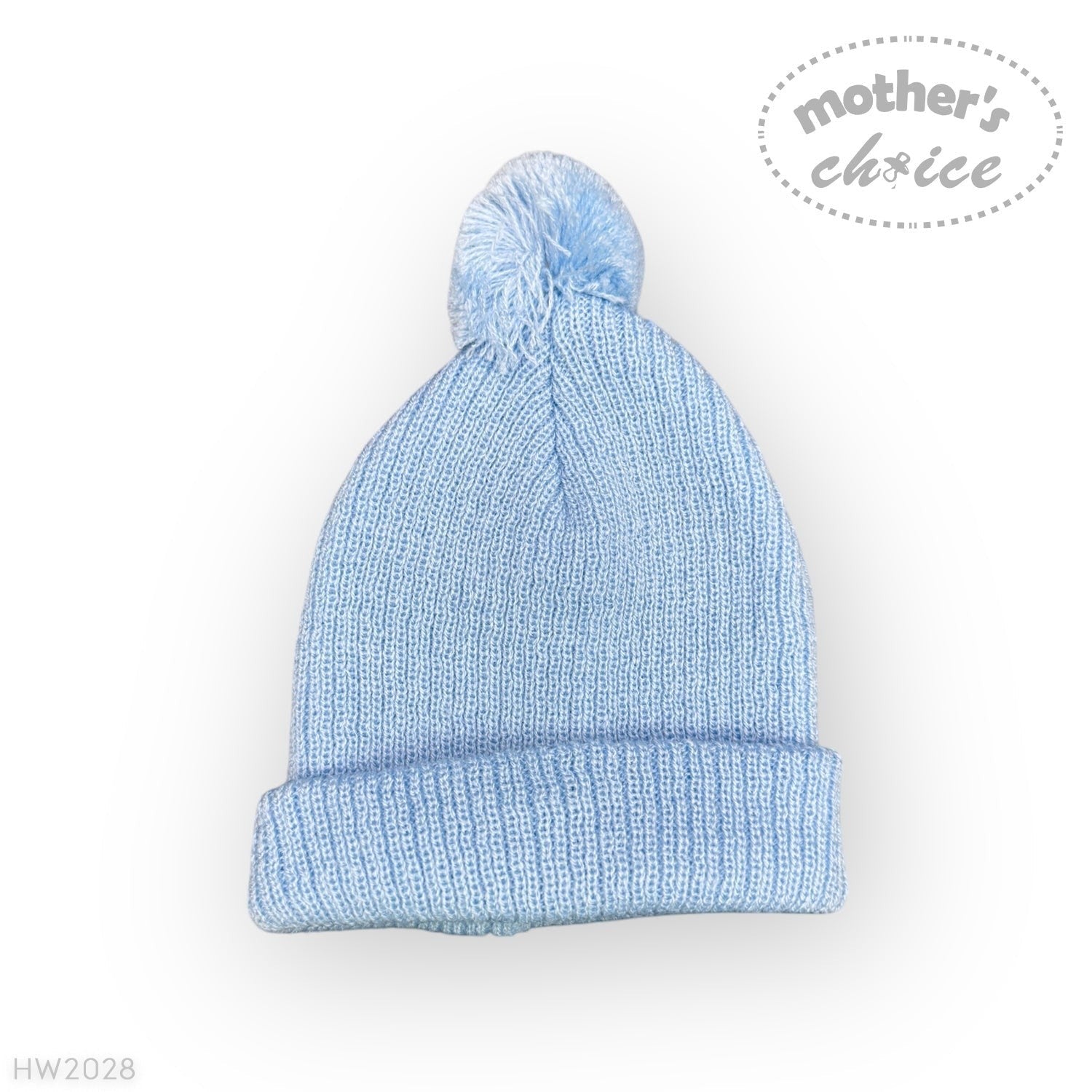 Light blue knit baby hat with pom-pom on a white background, featuring 'mother's choice' branding.