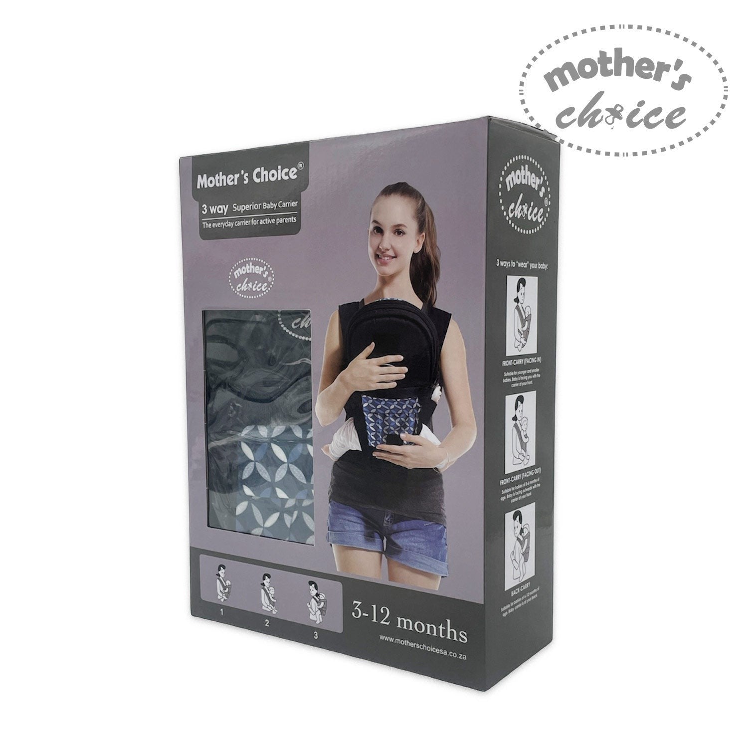 Mothers Choice 3 Way Premium Baby Carrier Grey - Pattern