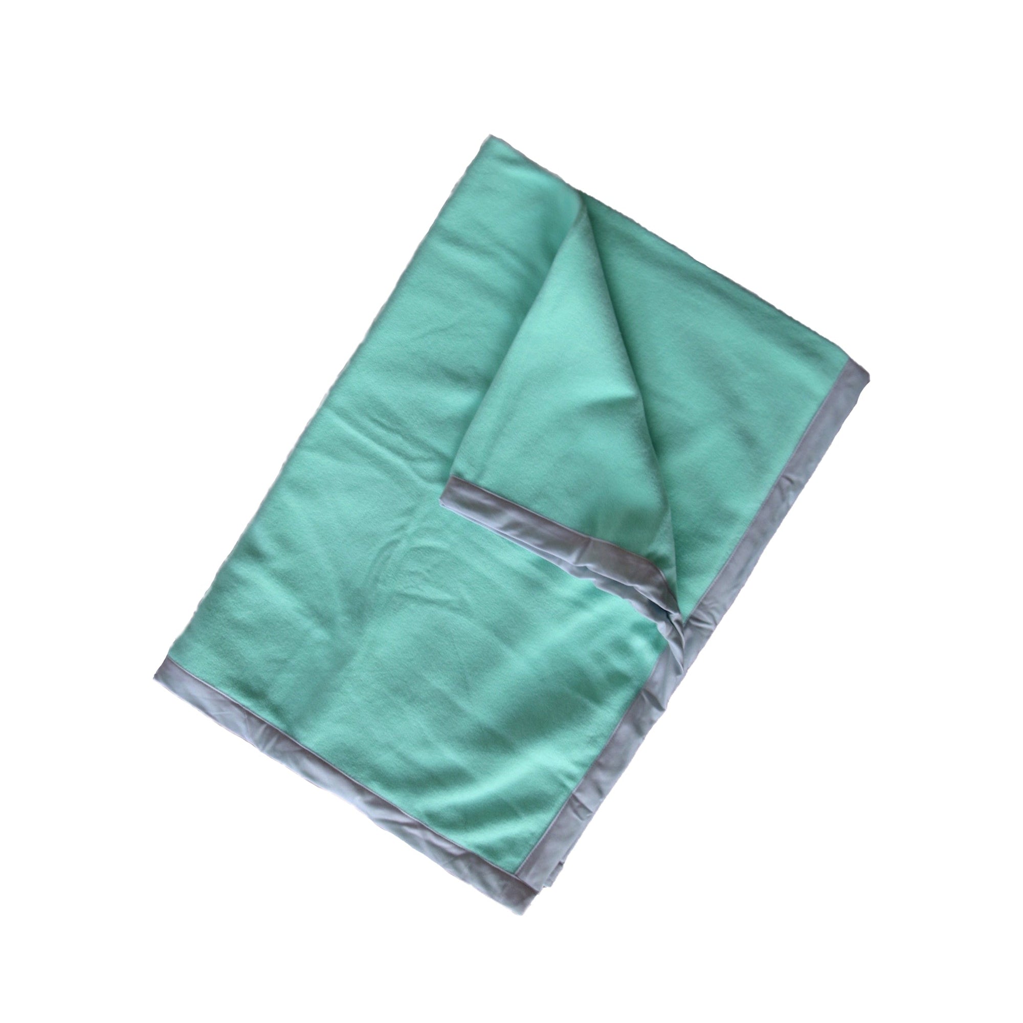 Teal blanket with gray border on a white background