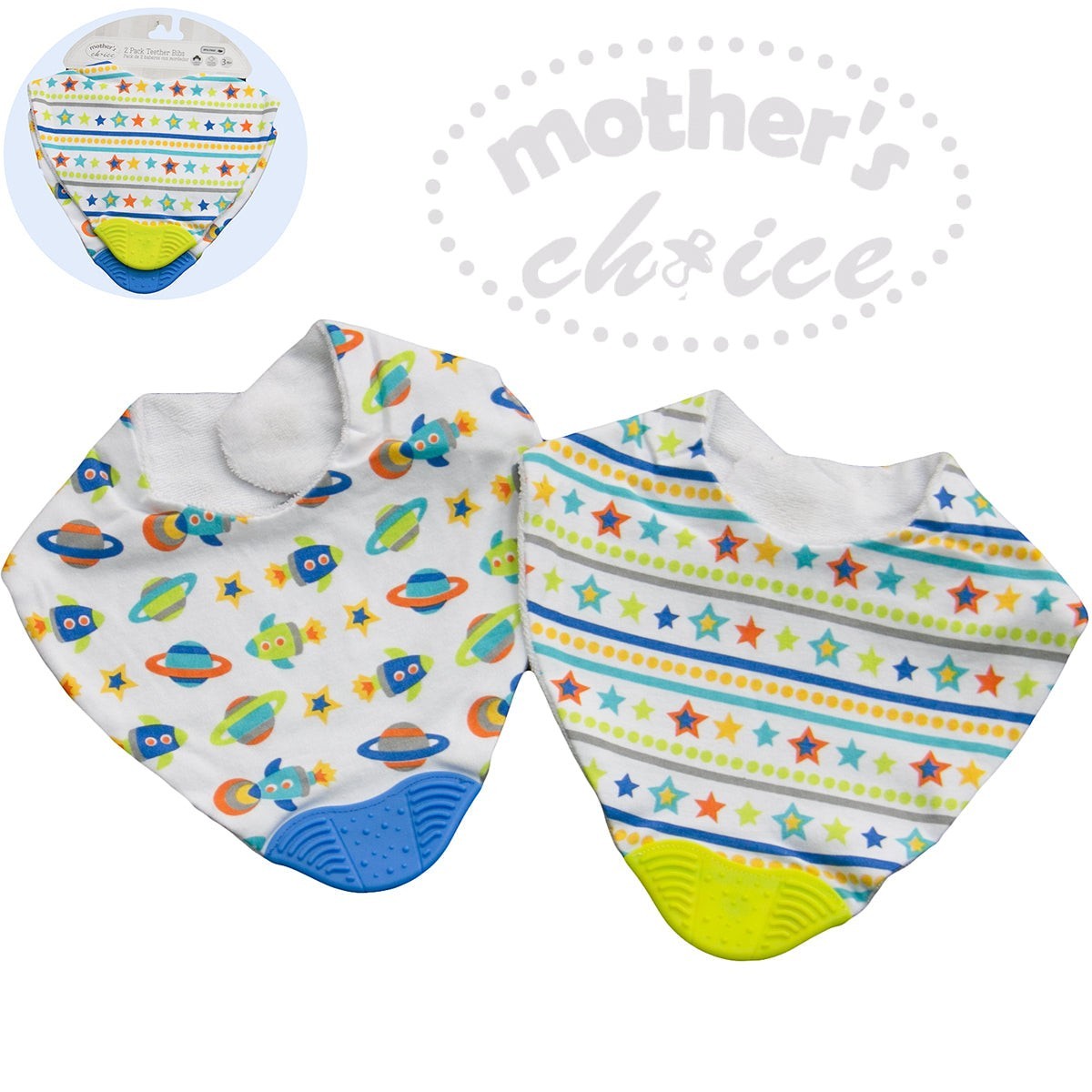 Shop 2 pack teether bibs in a space design. Soft, absorbent and soothing. Perfect for feeding time and teething comfort.