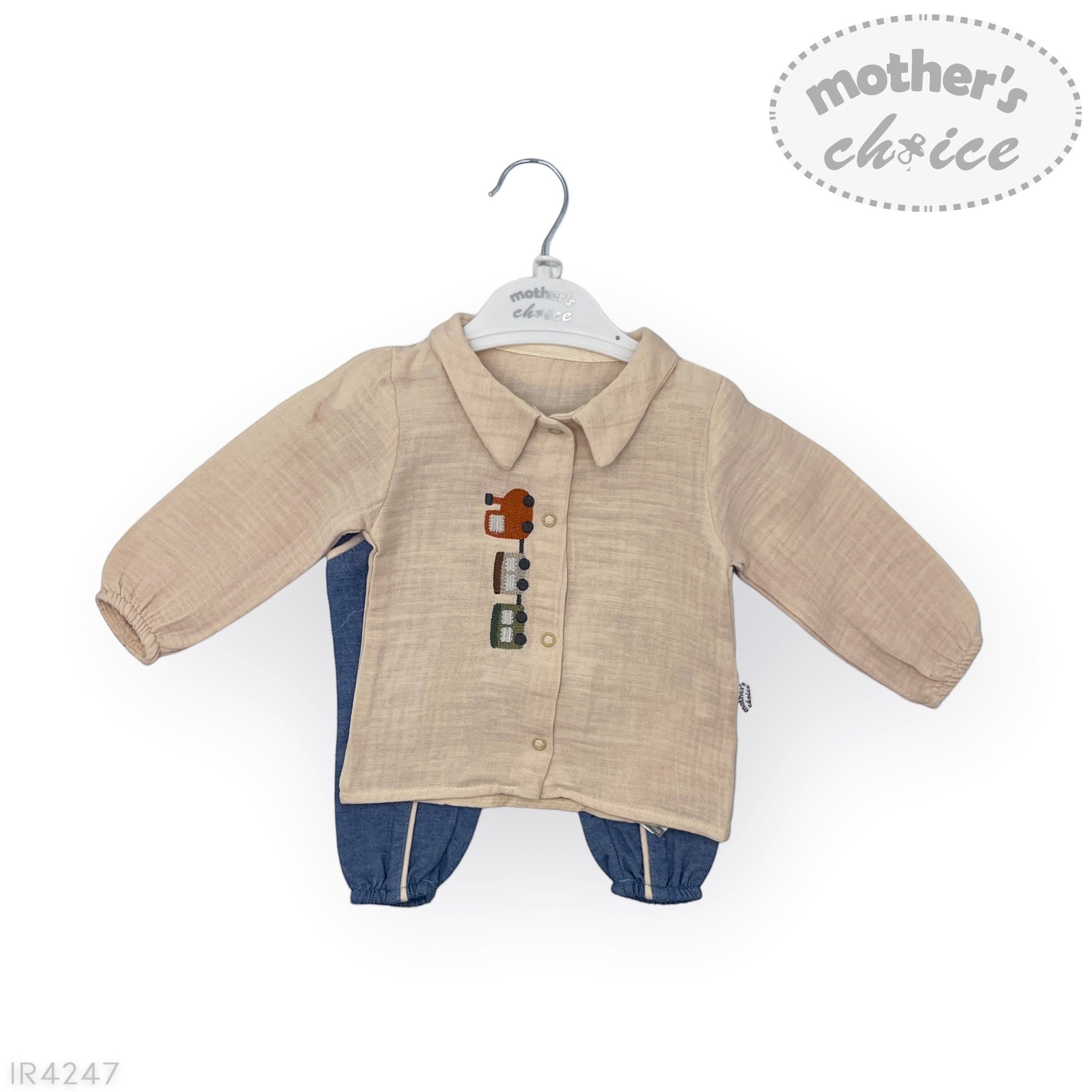 Baby outfit with beige shirt and blue pants on a hanger against a white background, featuring 'mother's choice' branding.