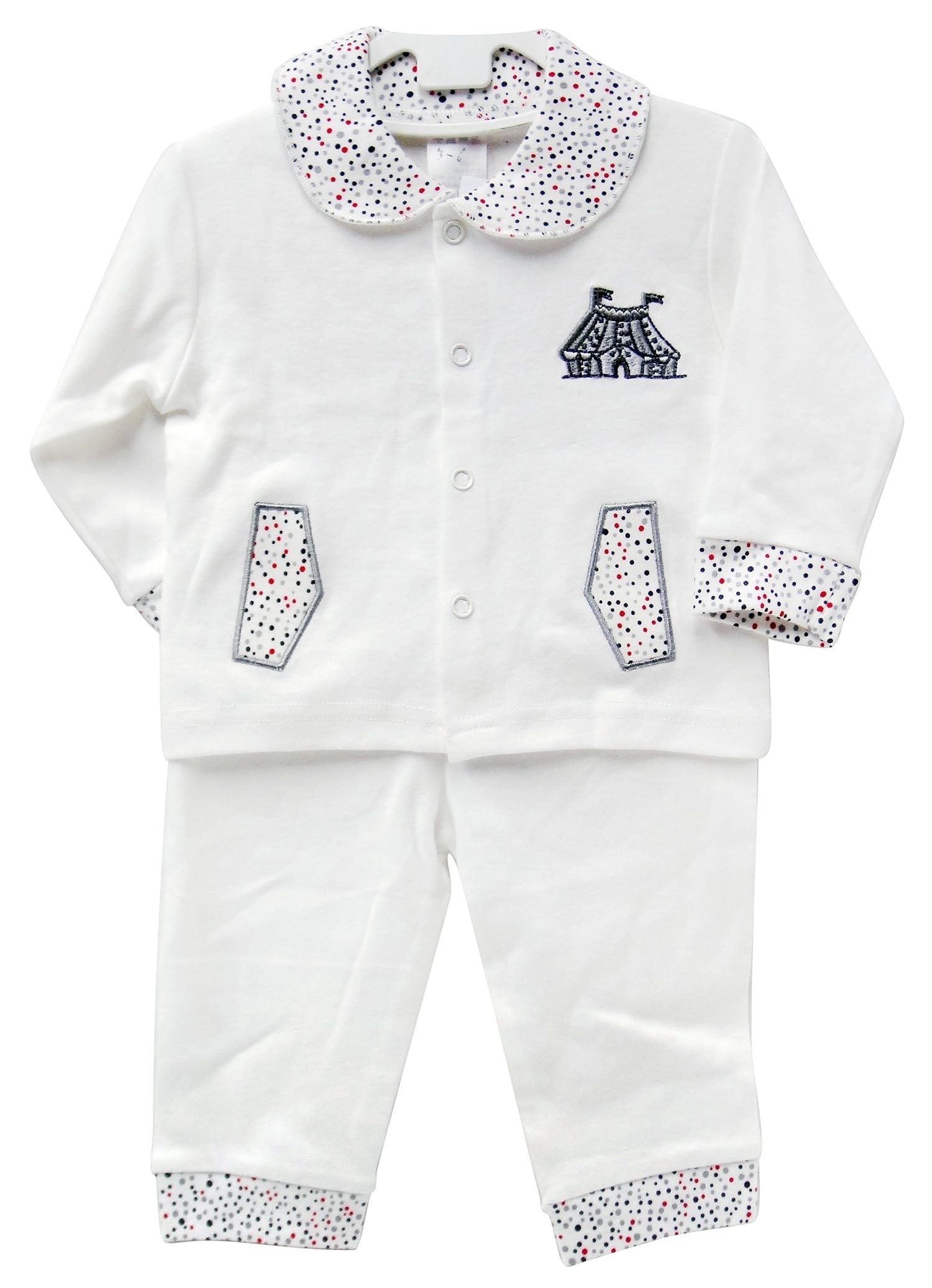 White baby outfit with patterned collar and cuffs on a white background